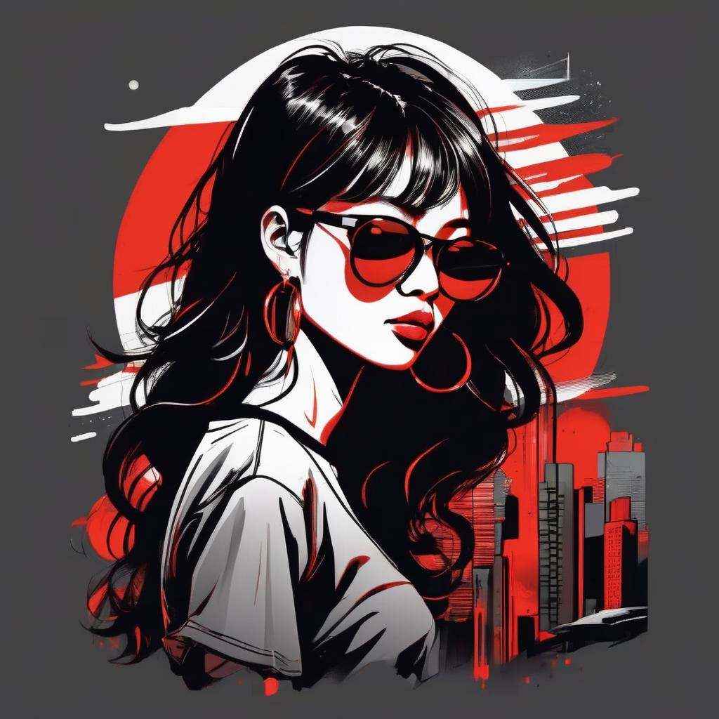 Fashionable T-shirt,  Super Attractive Asian Female Characters,  Urban Nightlife Landscape on Tensor.Art