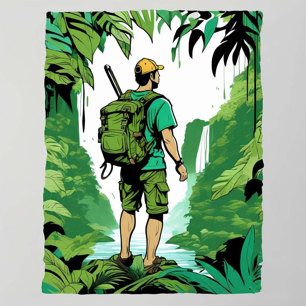 Adventure T-shirt,  Explorer Character,  Jungle Waterfall Landscape on Tensor.Art
