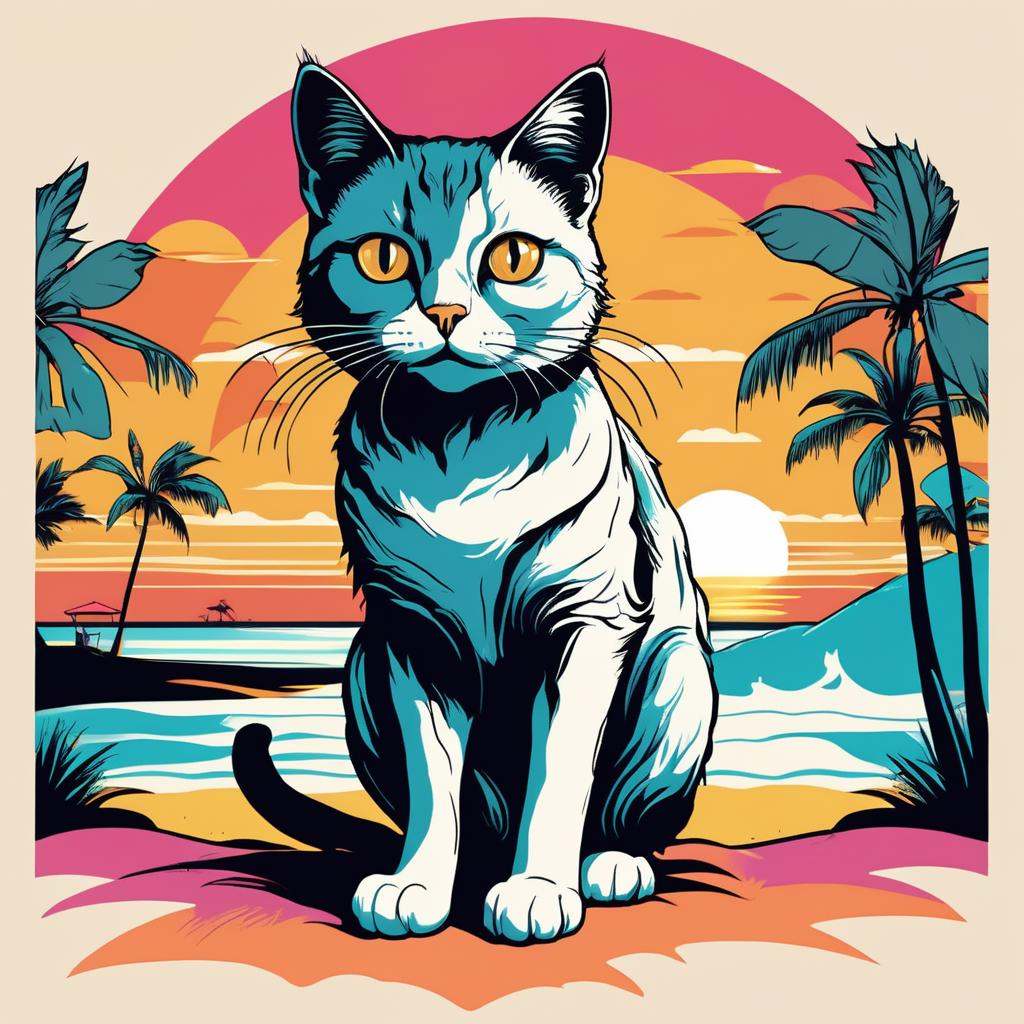 Illustrated T-shirt,  Whimsical Cat Character,  Sunset Beach Landscape on Tensor.Art