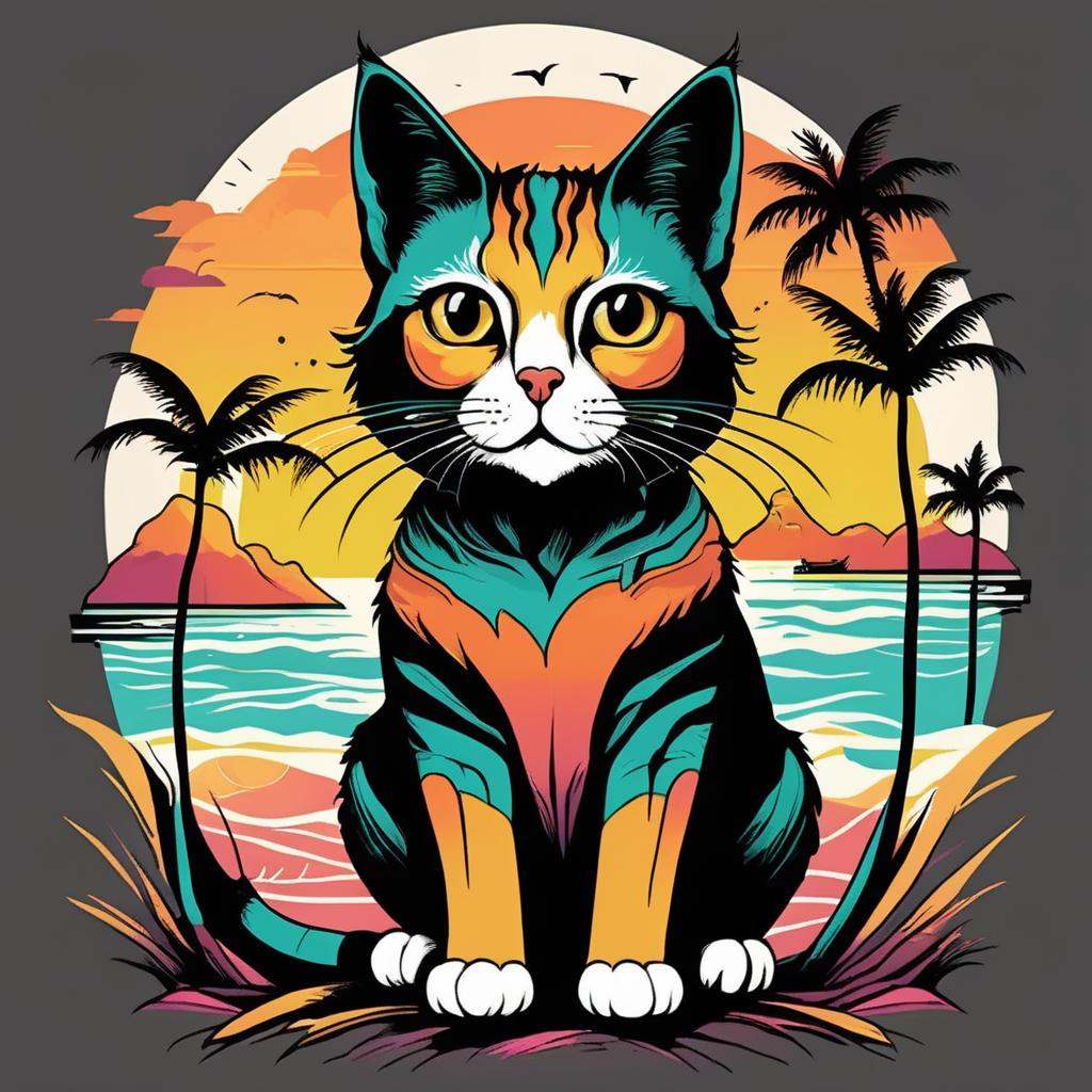 Illustrated T-shirt,  Whimsical Cat Character,  Sunset Beach Landscape on Tensor.Art