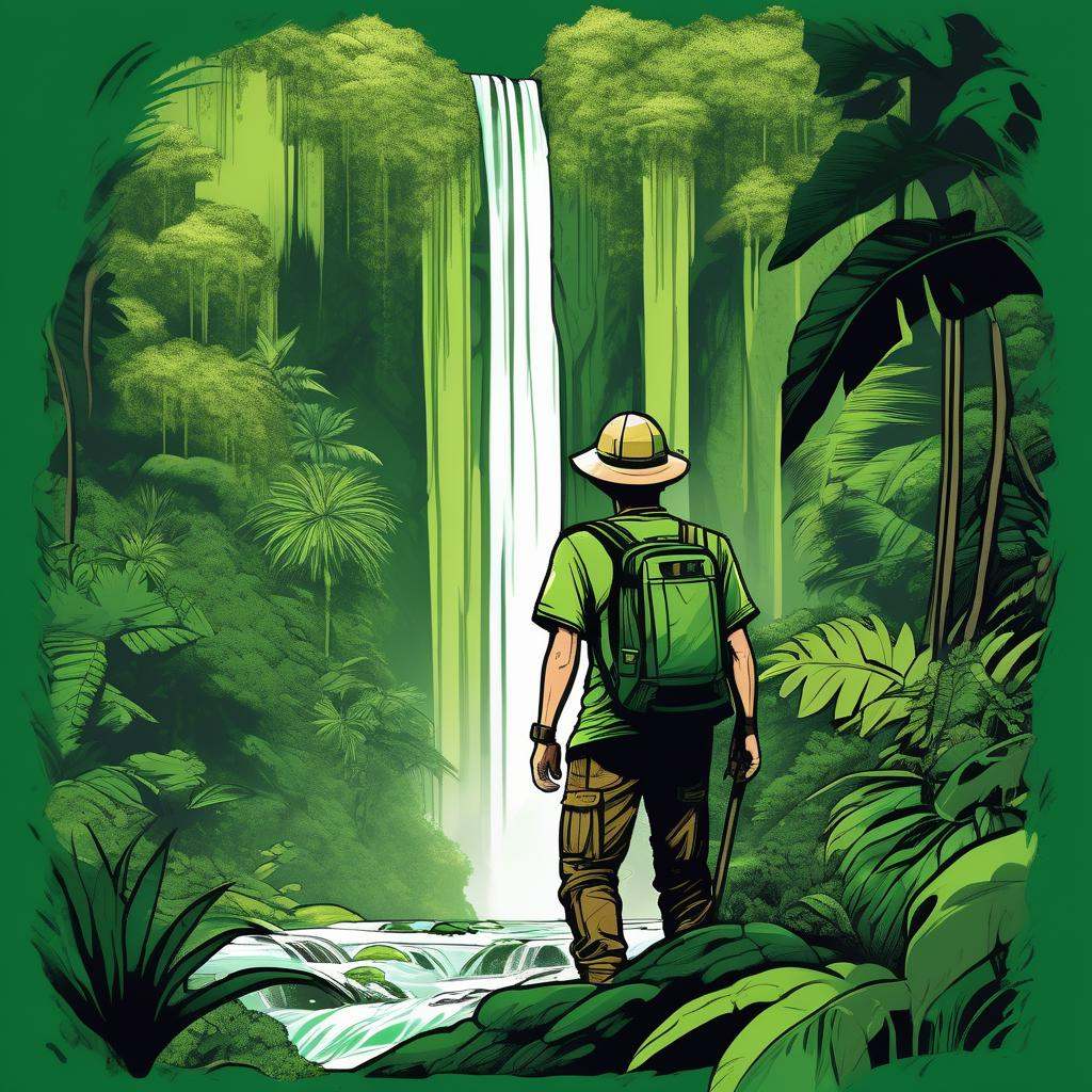 Adventure T-shirt,  Explorer Character,  Jungle Waterfall Landscape on Tensor.Art