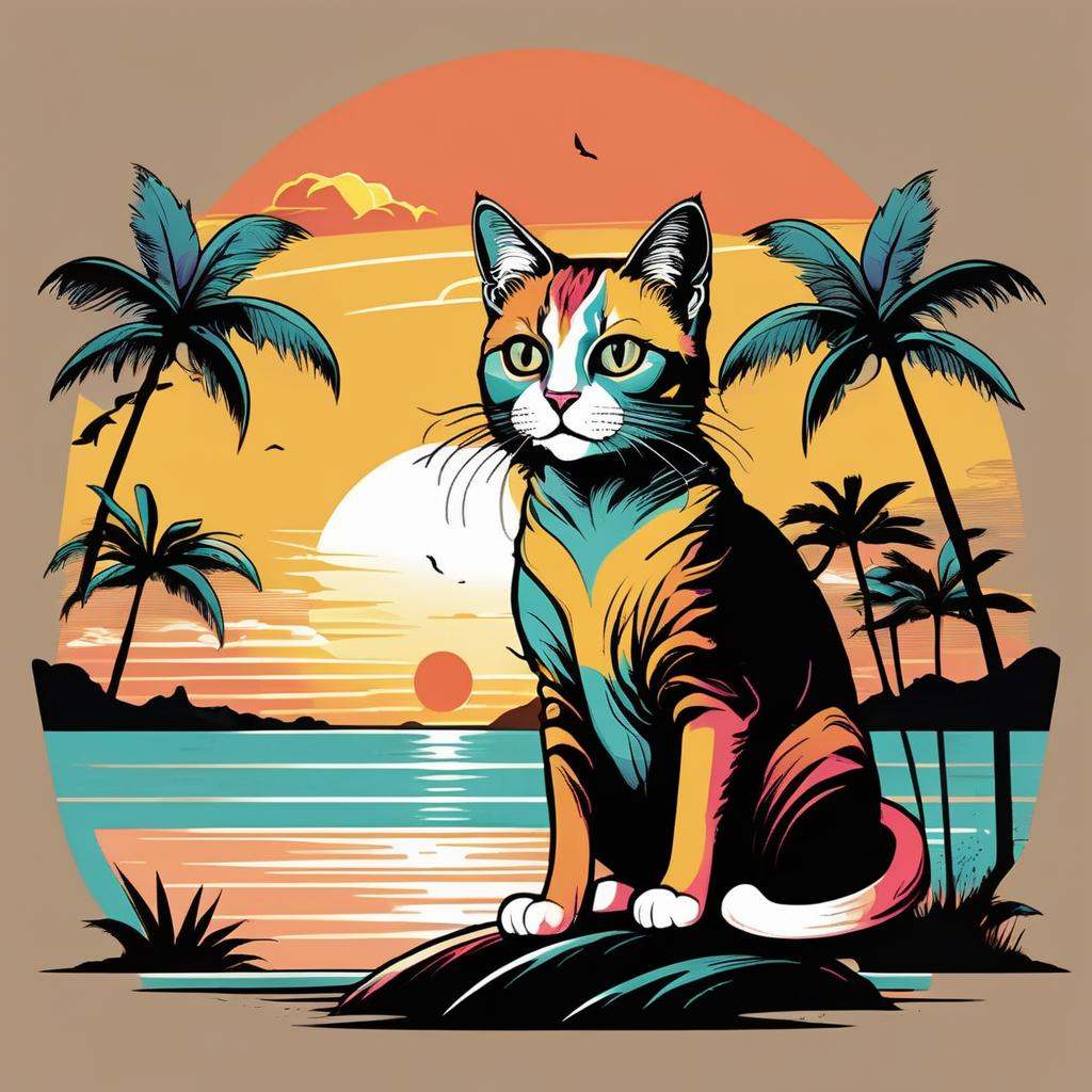Illustrated T-shirt,  Whimsical Cat Character,  Sunset Beach Landscape on Tensor.Art