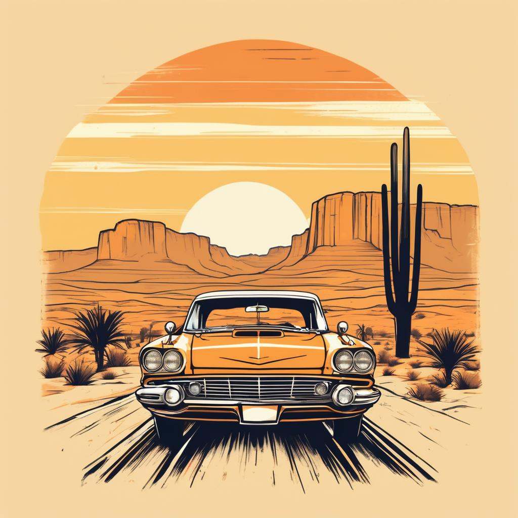 Vintage T-shirt,  Classic Car Object,  Desert Highway Landscape on Tensor.Art