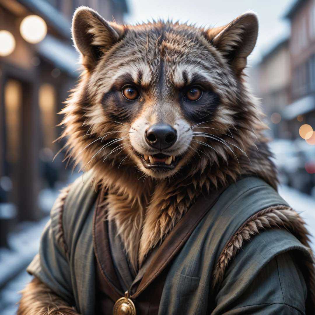 cinematic film still face portrait from an anthro male raccon,  fangs,  realistic fur by Freek22 on Tensor.Art