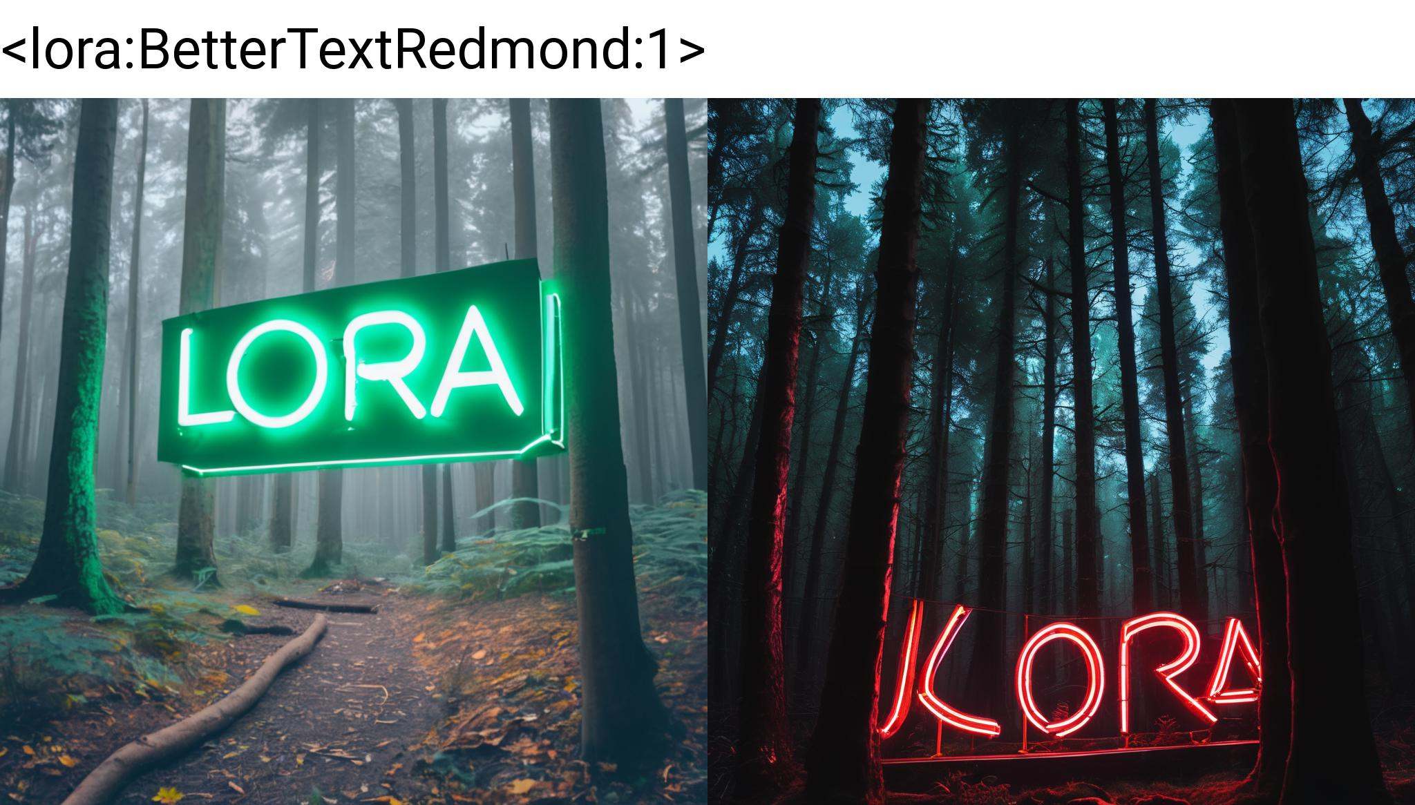 A neon sign that have "LORA" write on it in a forest on Tensor.Art