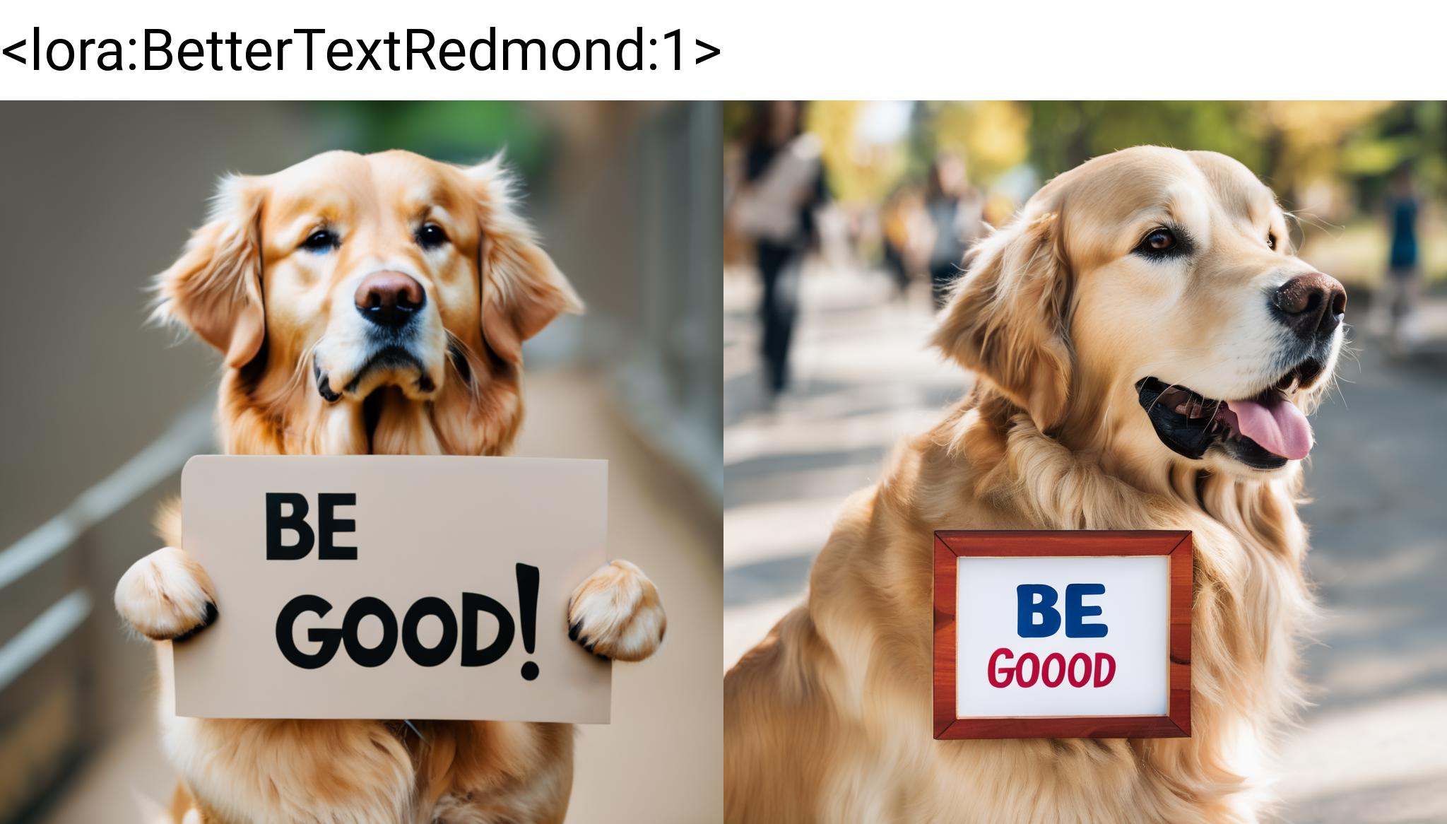 A golden retriever holding a sign with "BE GOOD" on it on Tensor.Art
