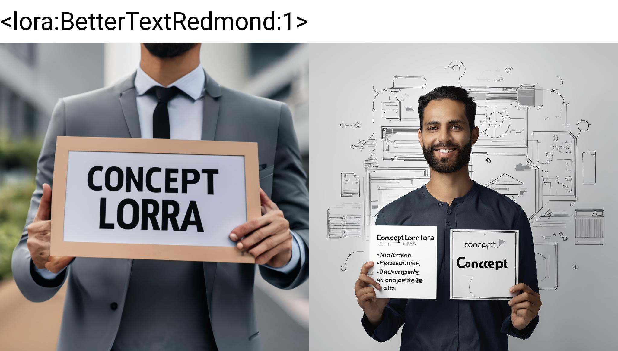 A man holding a sign that say "CONCEPT LORA",  "CONCEPT LORA" on Tensor.Art
