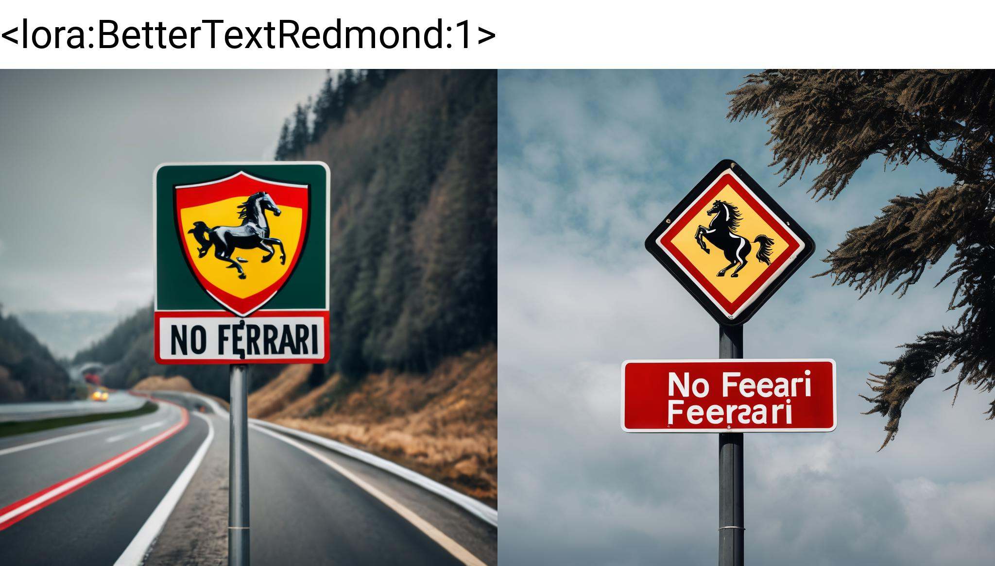 A road sign with "NO FERRARI" on it,  "NO FERRARI" on Tensor.Art