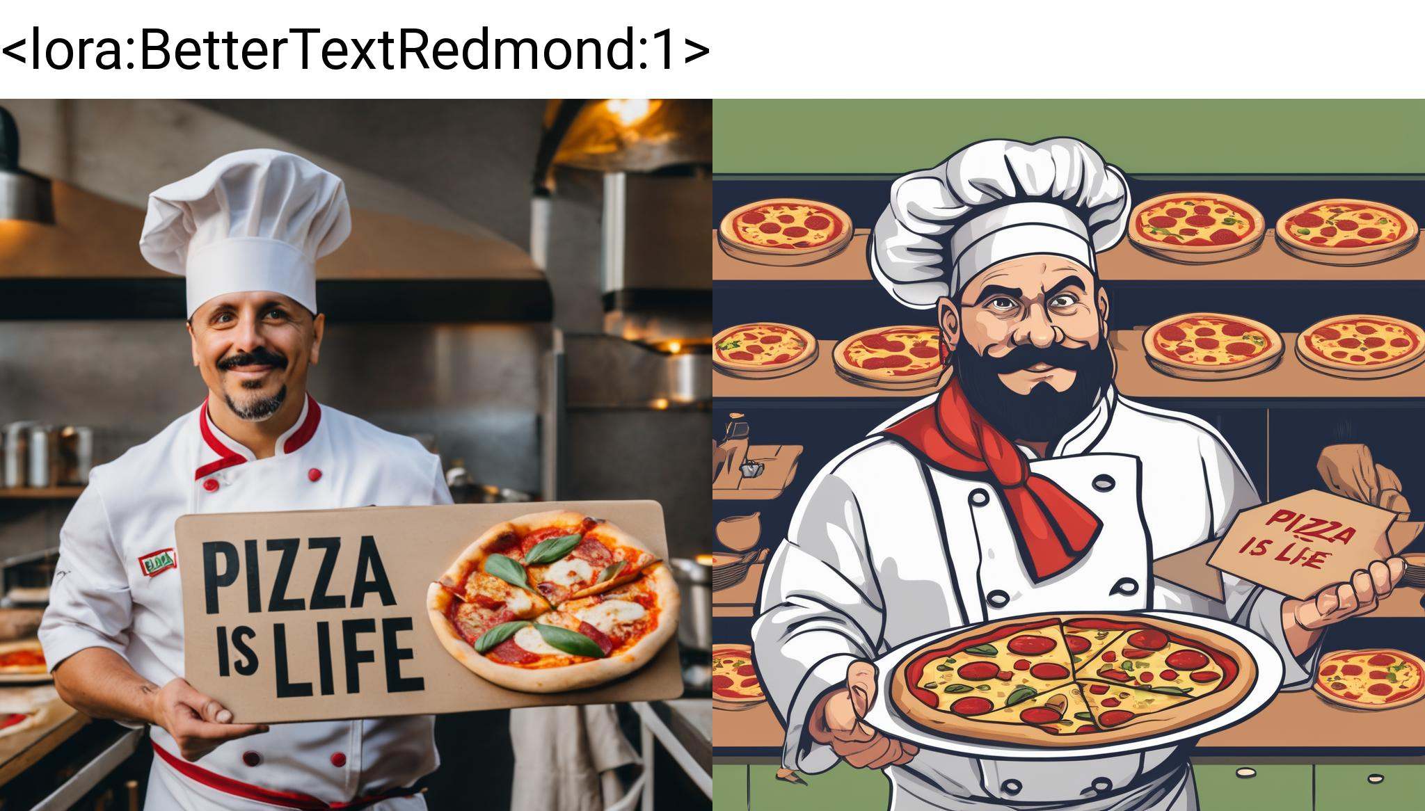A italian chef holding a sign that say "PIZZA IS LIF",  "PIZZA IS LIFE" on Tensor.Art