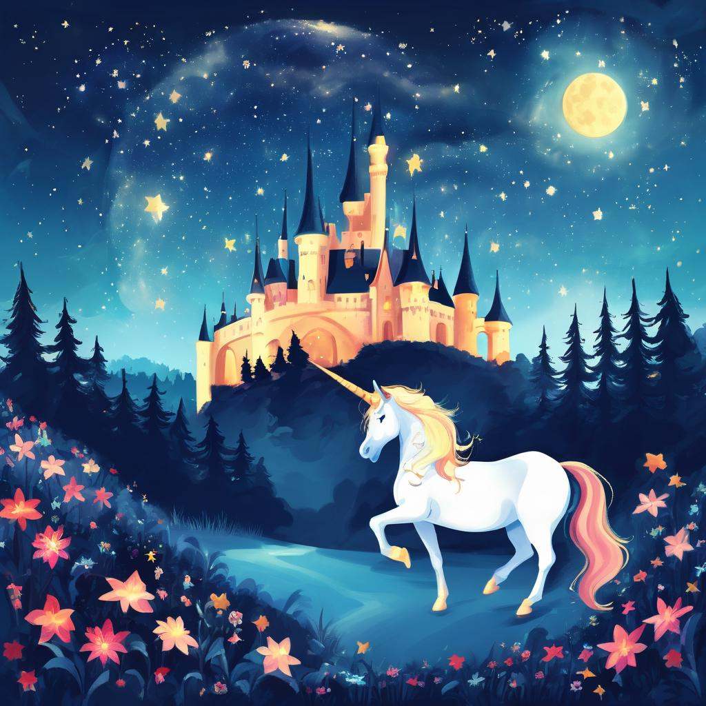 Magical Unicorn,  Starry Night,  Enchanted Castle Landscape on Tensor.Art