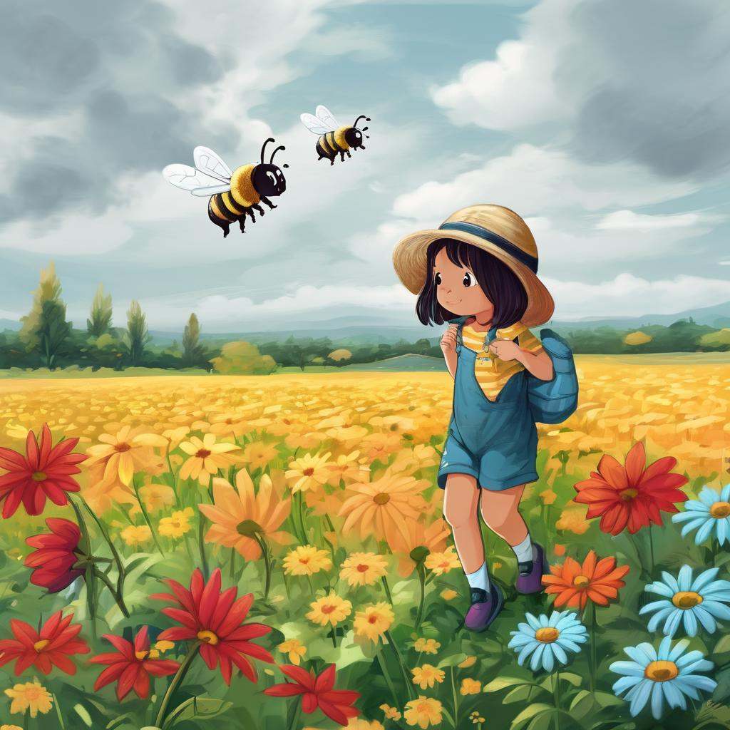 Busy Bee,  Cloudy Weather,  Flower Field Landscape on Tensor.Art