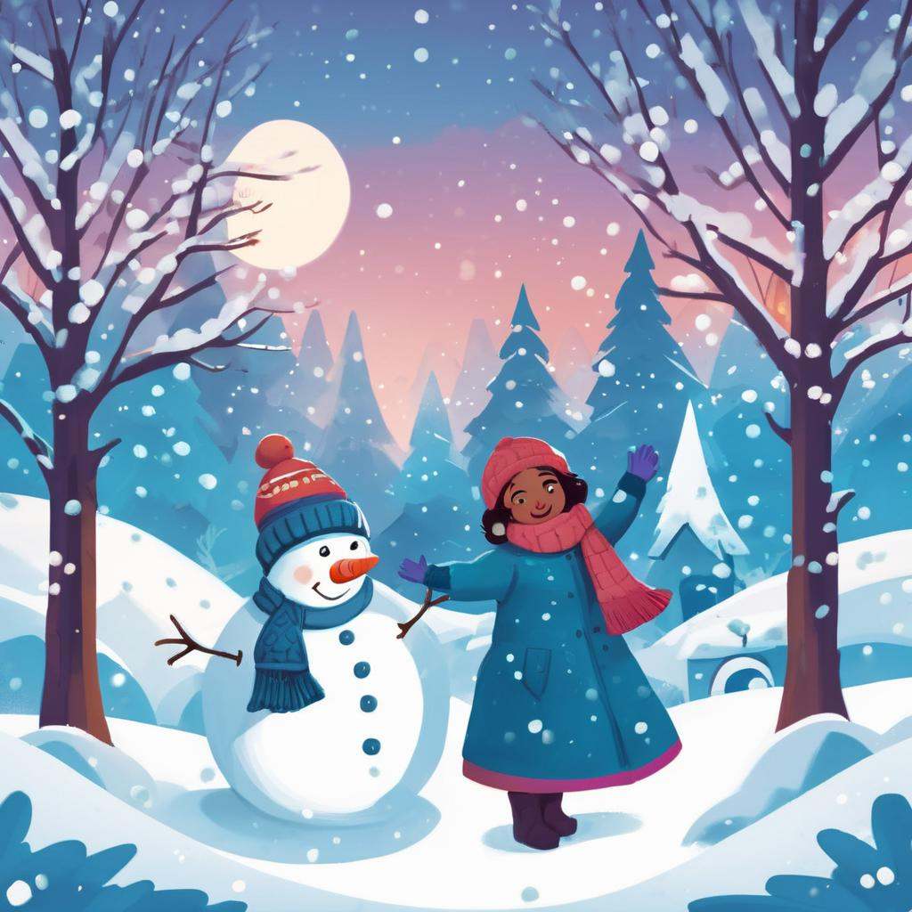 Winter Children's Book Illustration,  Cool Color Palette,  Snowman Family on Tensor.Art