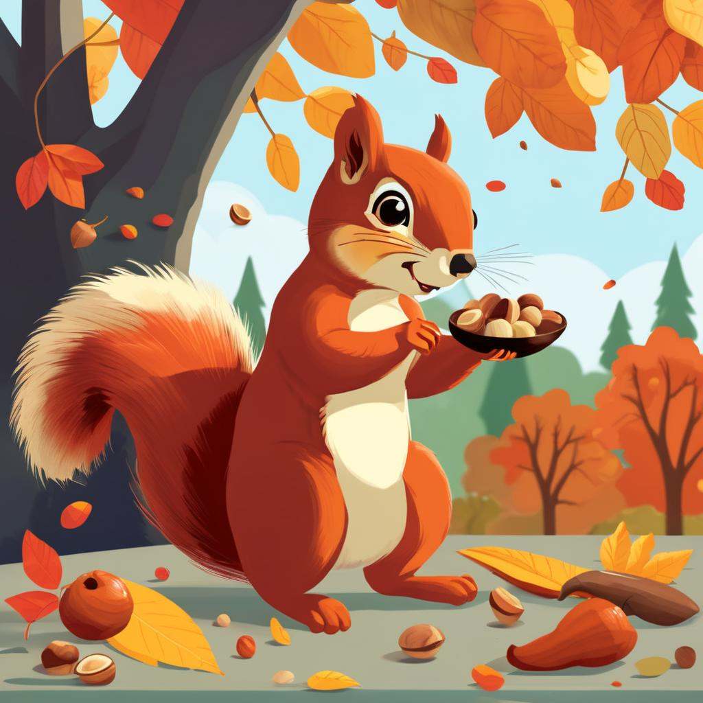 Seasonal Children's Book Illustration,  Autumnal Color Palette,  Squirrel Gathering Nuts on Tensor.Art