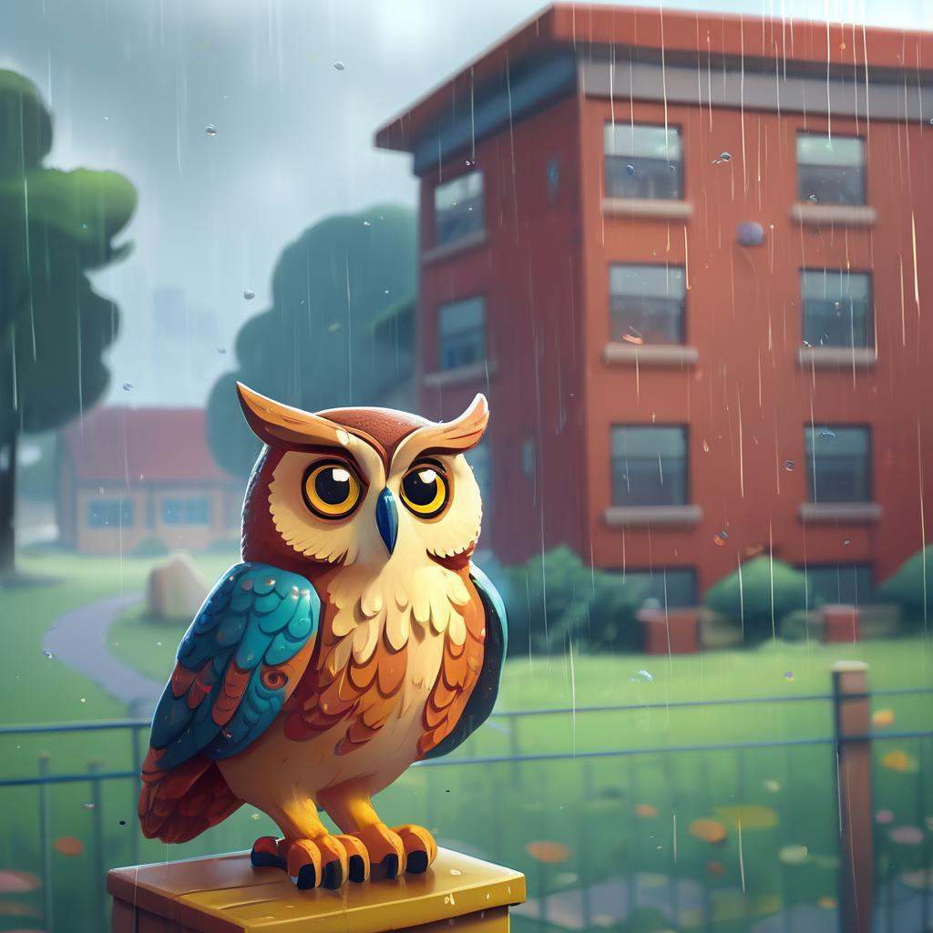 Wise Owl,  Rainy Weather,  Schoolyard Landscape on Tensor.Art