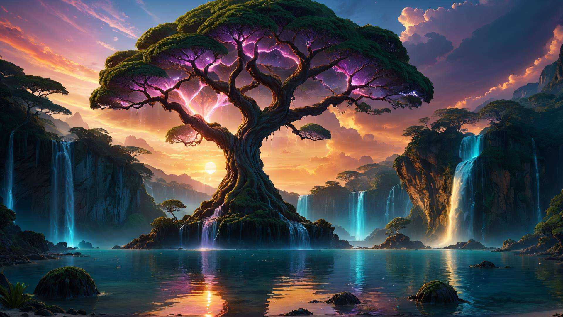 fantasy landscape, sea, giant tree, sunset, reflection, dusk, glowing waterfall, depressing, orb,, (masterpiece:1.2), (epic composition:1.4), (talent:1.2), ultra detailed, cinematic lighting, highly detailed, insanely detailed, (masterpiece:1.2), (epic composition:1.4), (talent:1.2), ultra detailed, cinematic lighting, highly detailed, insanely detailed, (photorealistic:1.2), hdr, 8k, exquisite, sharp, elegant, ambient lighting, fantasy vivid colors, high quality,