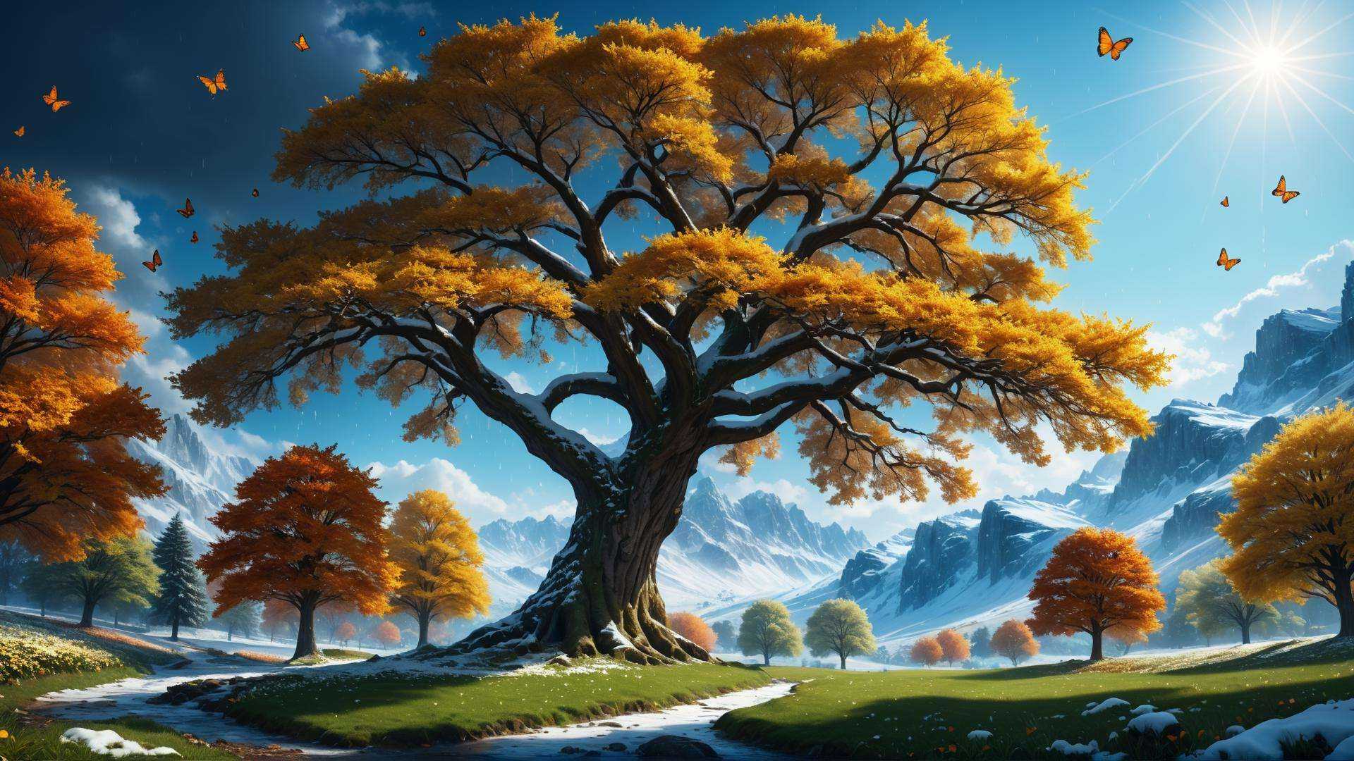 (photorealistic:1.2, Fujifilm XT3, 4k wallpaper), fantasy landscape, postcard shot of giant tree in four seasons, (spring, butterflies, flowers), (fall, autumn leaves, rain), (winter, snow, ice), (summer, sun, grass), idyllic, <lora:add-detail-xl:0.5>, (masterpiece:1.2), (epic composition:1.4), (talent:1.2), ultra detailed, cinematic lighting, highly detailed, insanely detailed, (photorealistic:1.2), hdr, 8k, exquisite, sharp, elegant, ambient lighting, fantasy vivid colors, high quality,