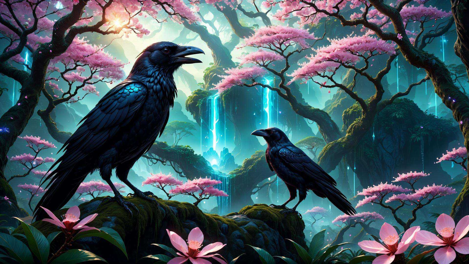 fantasy landscape, jungle, fantasy forest, glowing crystals, magic, glowing sakura tree, fantasy, crow, (masterpiece:1.2), (epic composition:1.4), (talent:1.2), ultra detailed, cinematic lighting, highly detailed, insanely detailed, (photorealistic:1.2), hdr, 8k, exquisite, sharp, elegant, ambient lighting, fantasy vivid colors, high quality,