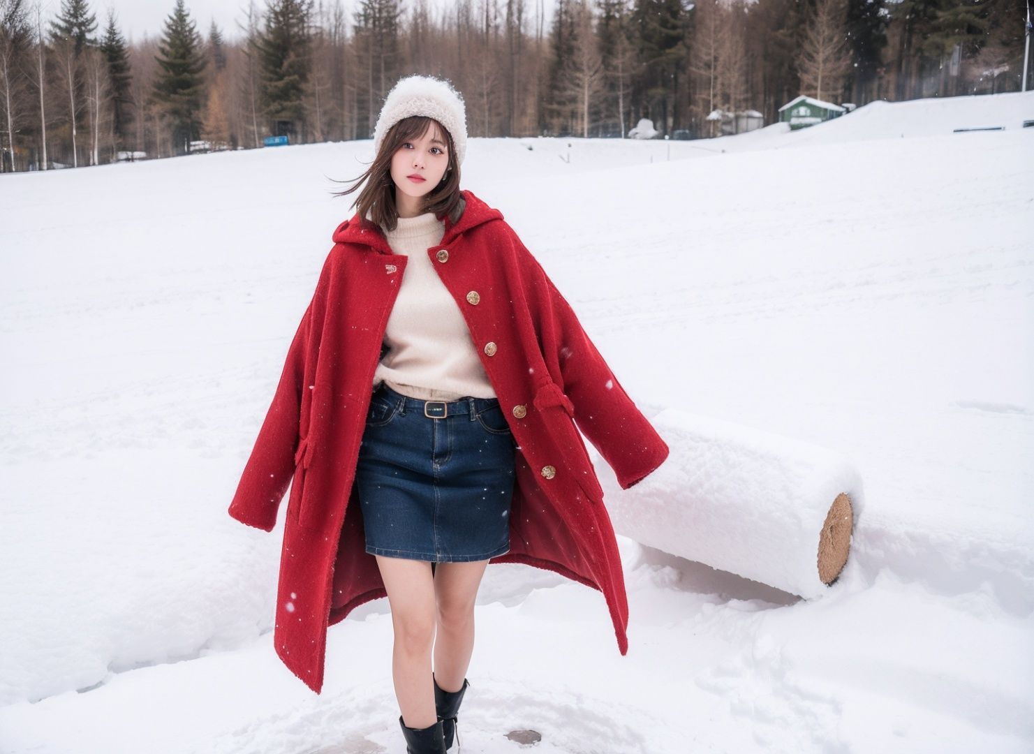 Best Quality, masterpiece, ultra-high resolution, (photo: 1.4) , Solo, a beautiful girl, standing, with a plush hat on her head, thick clothes, long bare legs, Red Coat, winter, white snow, wide feeling, fisheye lens shooting, realistic, HD 16K