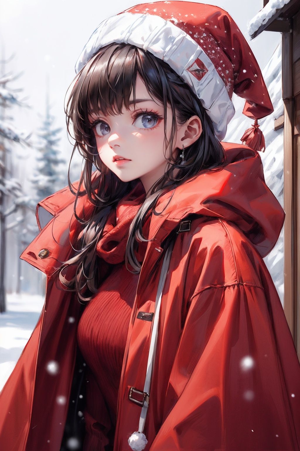  Best Quality, masterpiece, Ultra High Resolution, (photo: 1.4), outdoors, snowing, a girl wearing a plush hat, red clothes, red coat, coat, winter, realism, HD 16K, 1girl