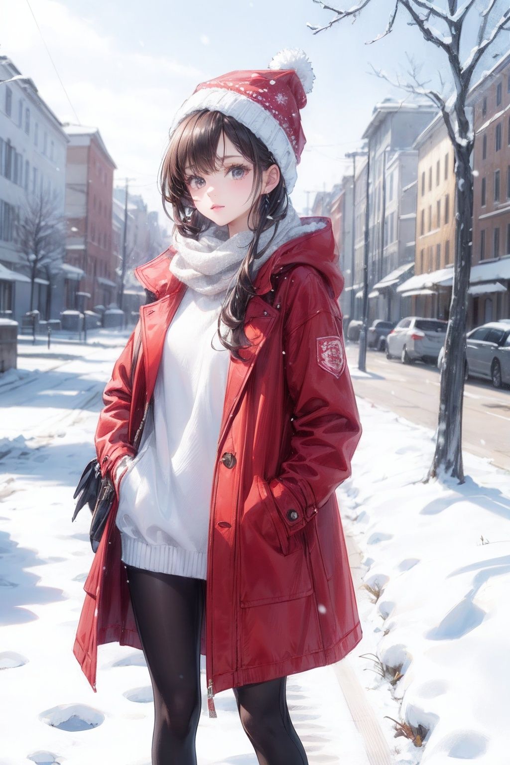  Best Quality, masterpiece, Ultra High Resolution, (photo: 1.4), outdoors, snowing, a girl wearing a plush hat, red clothes, red coat, coat, winter, realism, HD 16K, 1girl