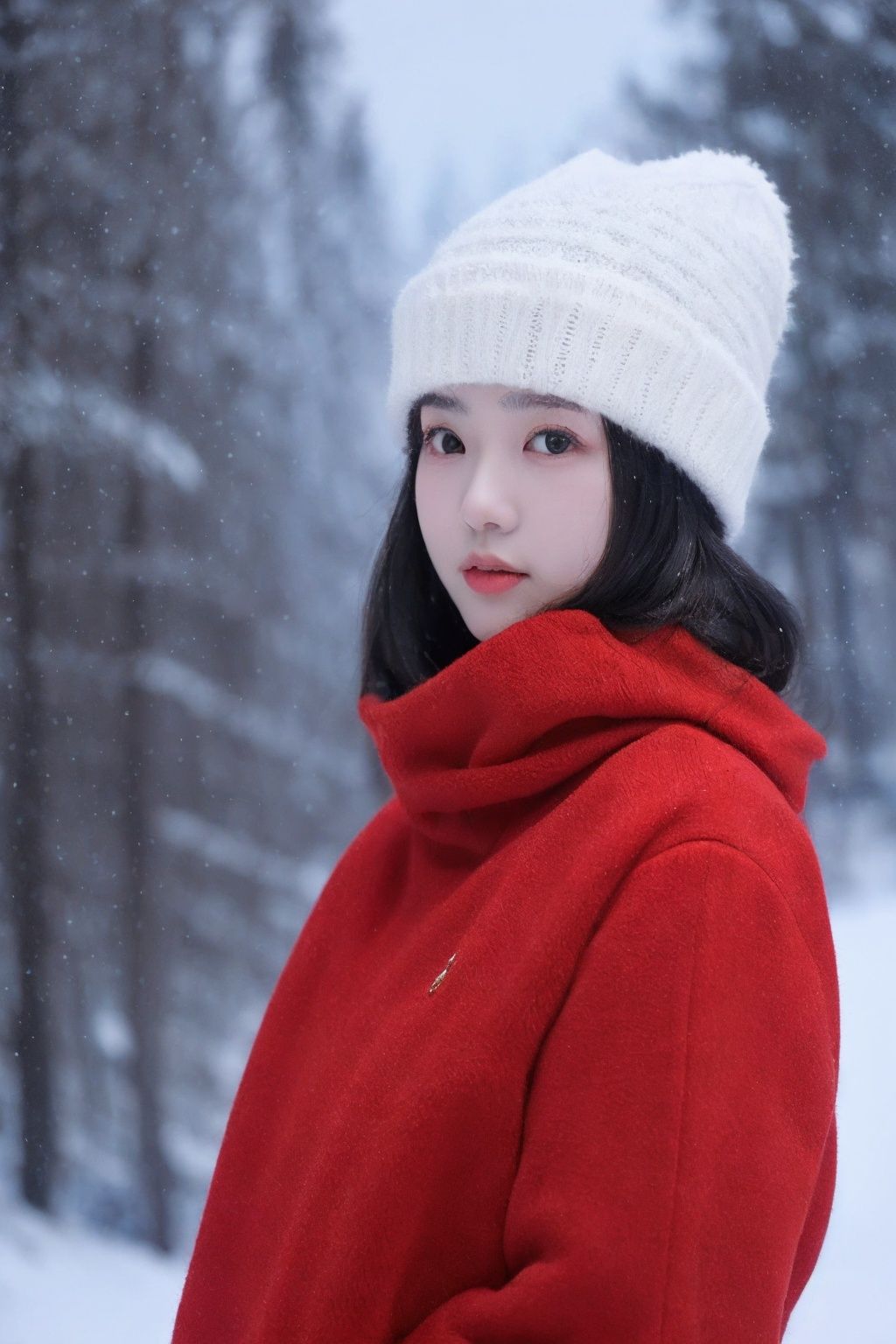  Best Quality, masterpiece, Ultra High Resolution, (photo: 1.4) , a girl wearing a plush hat, thick clothes, long bare legs, red coat, coat, winter, realism, HD 16K, xiqing, hszt, xiaxue