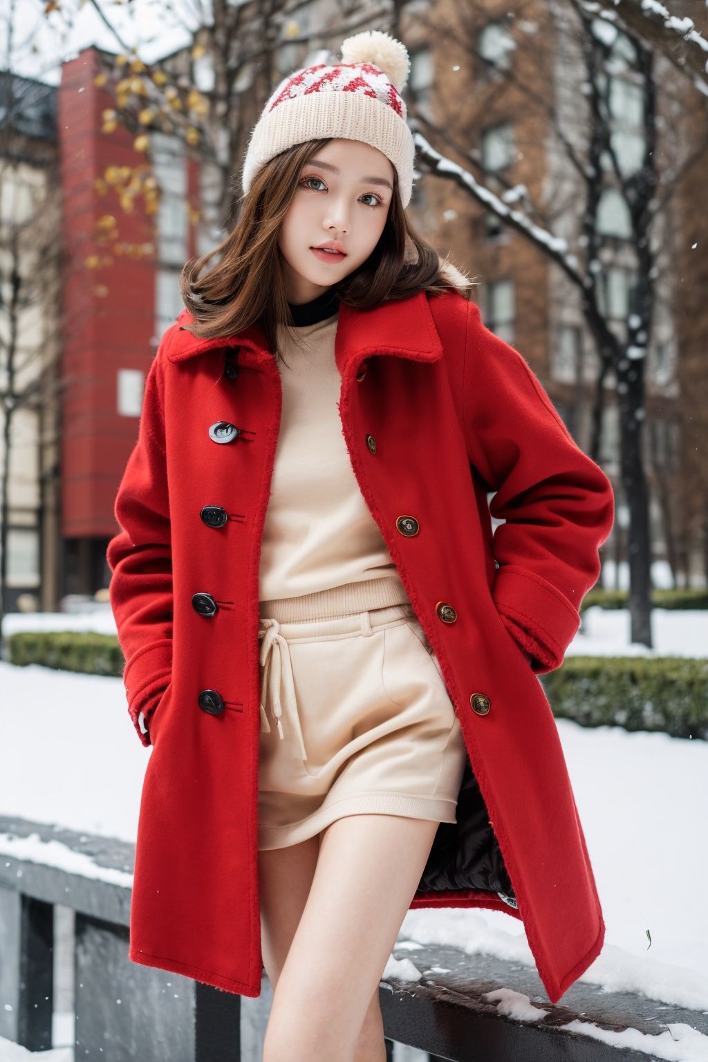 Best Quality, masterpiece, ultra-high resolution, (photo: 1.4) , a beautiful girl in a plush hat, thick clothes, long bare legs, red coat, winter, realism, HD 16K