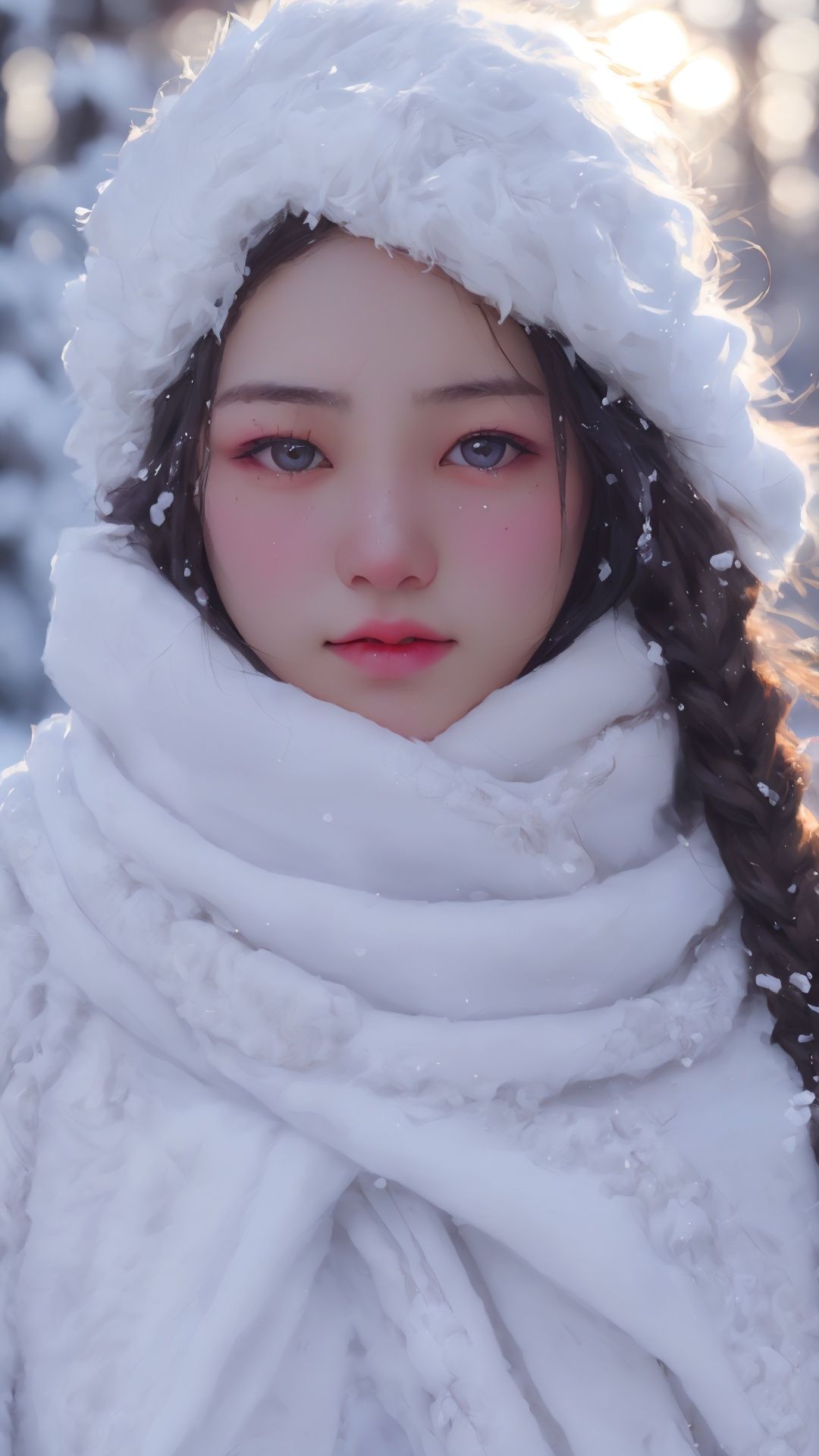 Depth of field, blurring,(Asian:0.1),raw photo,woman,black hair,black eyes,Beautiful detail eyes,chilly nature documentary film photography,snow mountain environment,(natural light:1.2),a clear face,minor acne,(high resolution detail of human skin texture:1.4,rough skin:1.2),(portrait, :1.8),(indirect lighting),(sun),