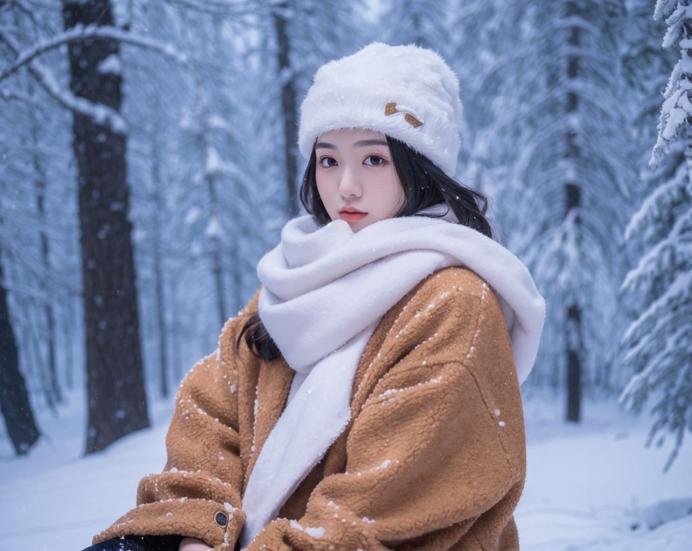  Best Quality, masterpiece, Super High Resolution, (photo: 1.4) , a beautiful girl with a plush hat on her head, thick clothes, long bare legs, red coat, winter, white snow, wide sense, fisheye lens, realistic, HD 16K