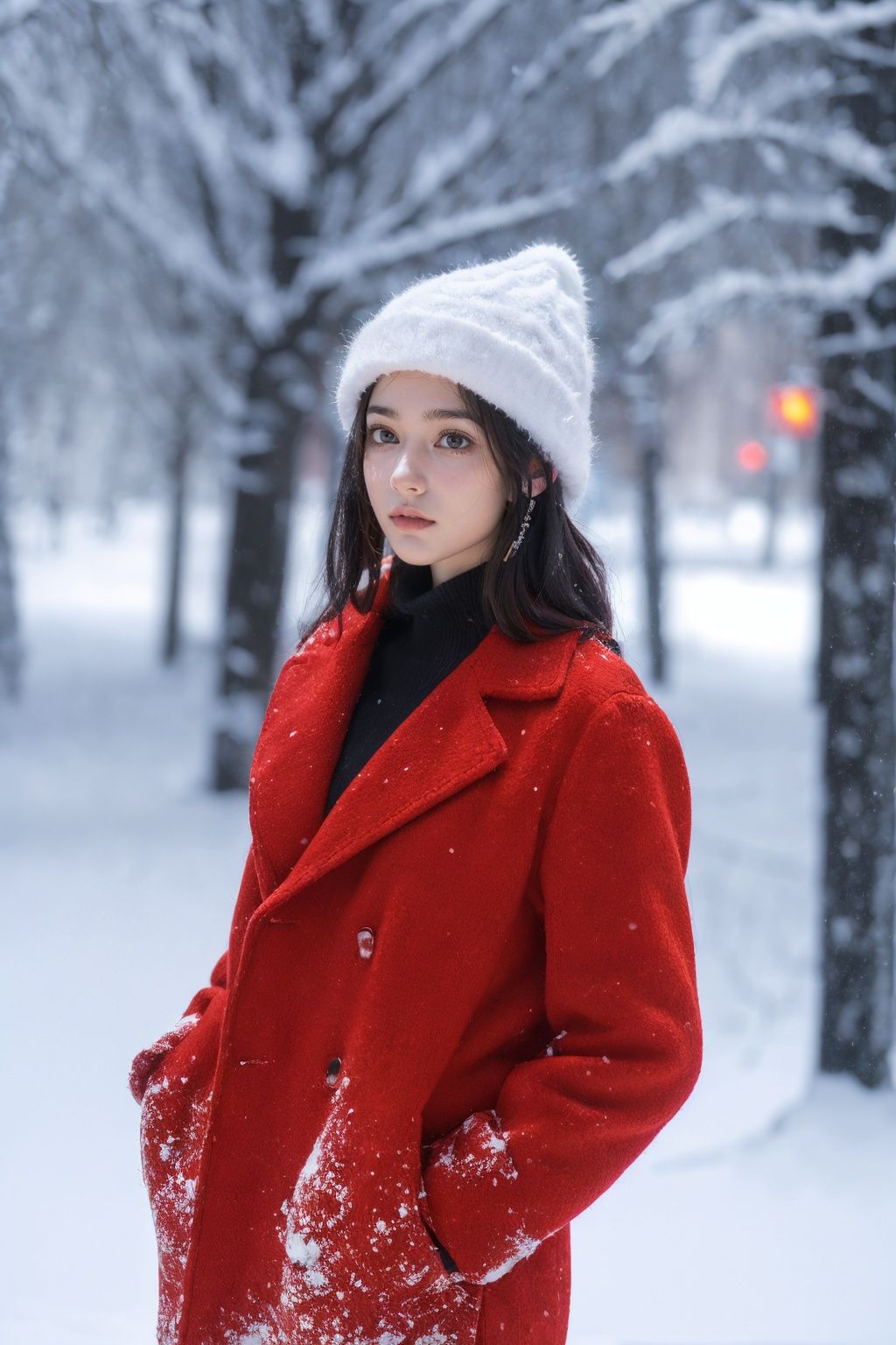 Best Quality, masterpiece, ultra high resolution, (top half photo: 1.4) , outdoors, snowing, a girl wearing a plush hat, red dress, red coat, coat, winter, realism, HD 16K