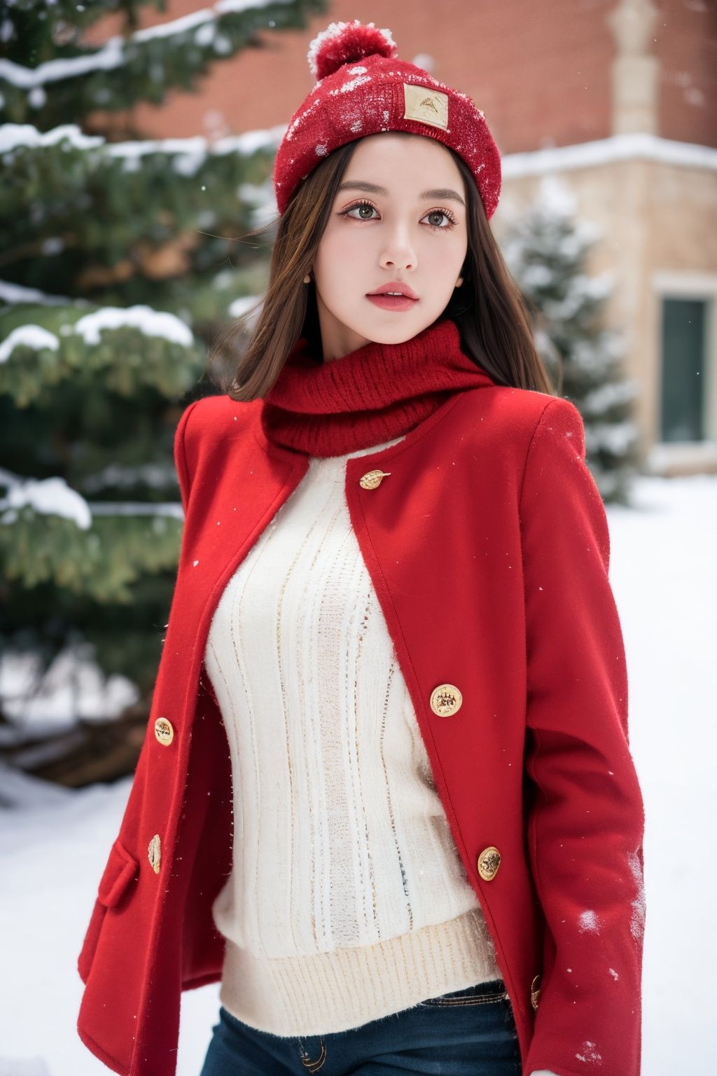 Best Quality, masterpiece, ultra-high resolution, (photo realistic: 1.4) , a beautiful girl, portrait, head wearing a plush hat, wearing thick clothes, red coat, winter, realistic, HD 16K