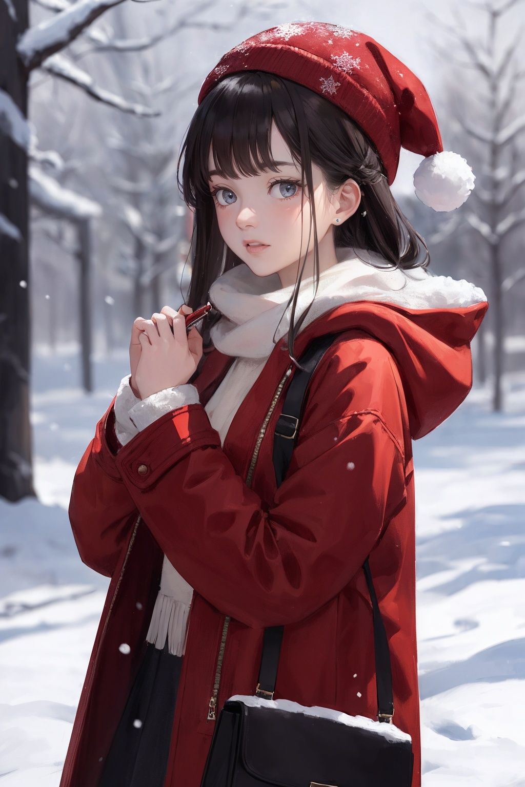  Best Quality, masterpiece, Ultra High Resolution, (photo: 1.4), outdoors, snowing, a girl wearing a plush hat, red clothes, red coat, coat, winter, realism, HD 16K, 1girl, chang