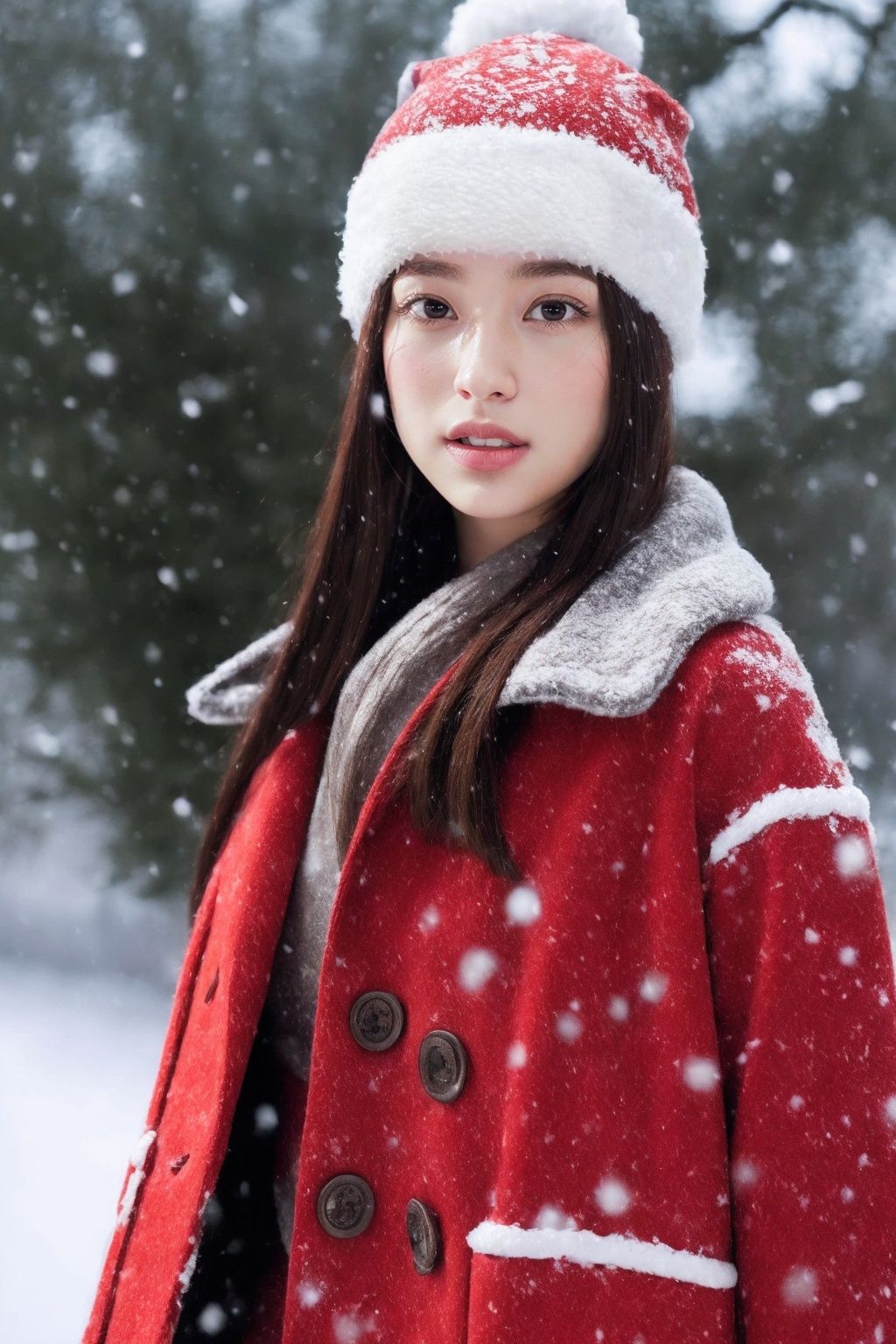  Best Quality, masterpiece, Ultra High Resolution, (photo: 1.4), outdoors, snowing, a girl wearing a plush hat, red clothes, red coat, coat, winter, realism, HD 16K, 1girl, chang