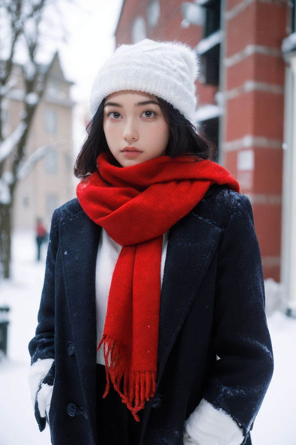 Best Quality,  masterpiece,  Ultra High Resolution,  (photo: 1.4),  outdoors,  snowing,  a girl wearing a plush hat,  red clothes,  red coat,  coat,  winter,  realism,  HD 16K,