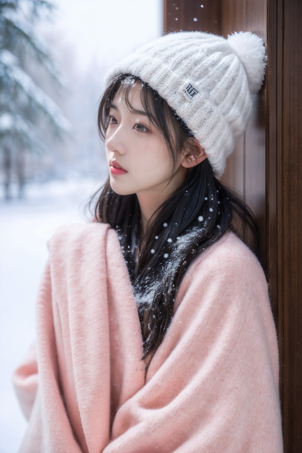  The girl in the plush hat, like a masterpiece of realism, is superior in quality, and the picture quality reaches the ultra-high resolution 16K realm. Imagine, it's snowing outside, she's dressed in pink, her long legs are bare, a apple green coat is draped around her body, and then a coat is covered, the smell of winter is blowing in her face. The picture is high-definition, the contrast between light and dark is prominent, the side light and diffuse reflection are interwoven, the collision light, the close-up moment is frozen, and the strong emotion is coming out. This is the charm of modernism, a picture, a thousand words, gripping.