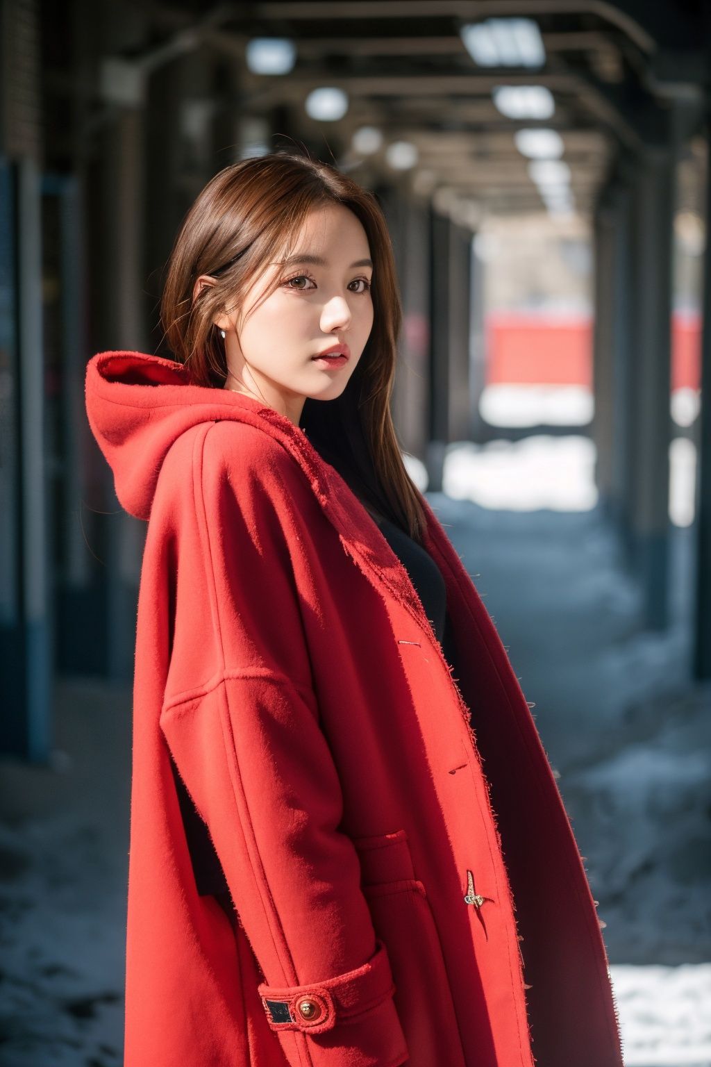 Best Quality, masterpiece, Ultra High Resolution, (photo fidelity: 1.4) , a beautiful girl, wearing thick clothes, red coat, winter, realistic, HD 16K