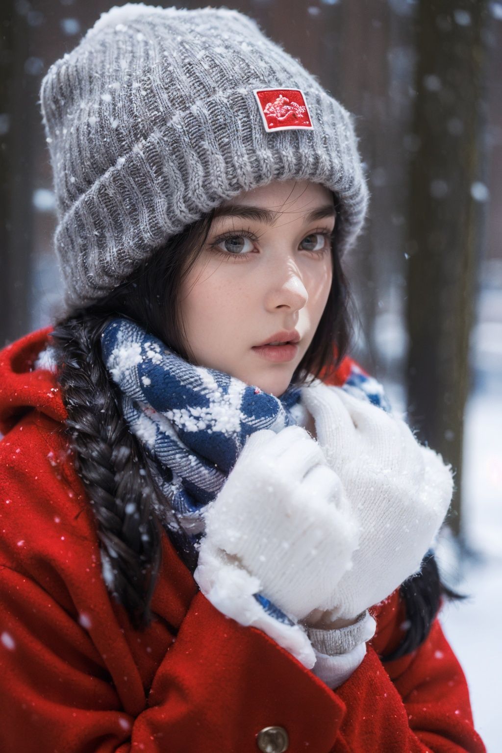  Best Quality, masterpiece, Ultra High Resolution, (photo: 1.4) , outdoors, snowing, a girl wearing a plush hat, red clothes, red coat, coat, winter, realism, HD 16K