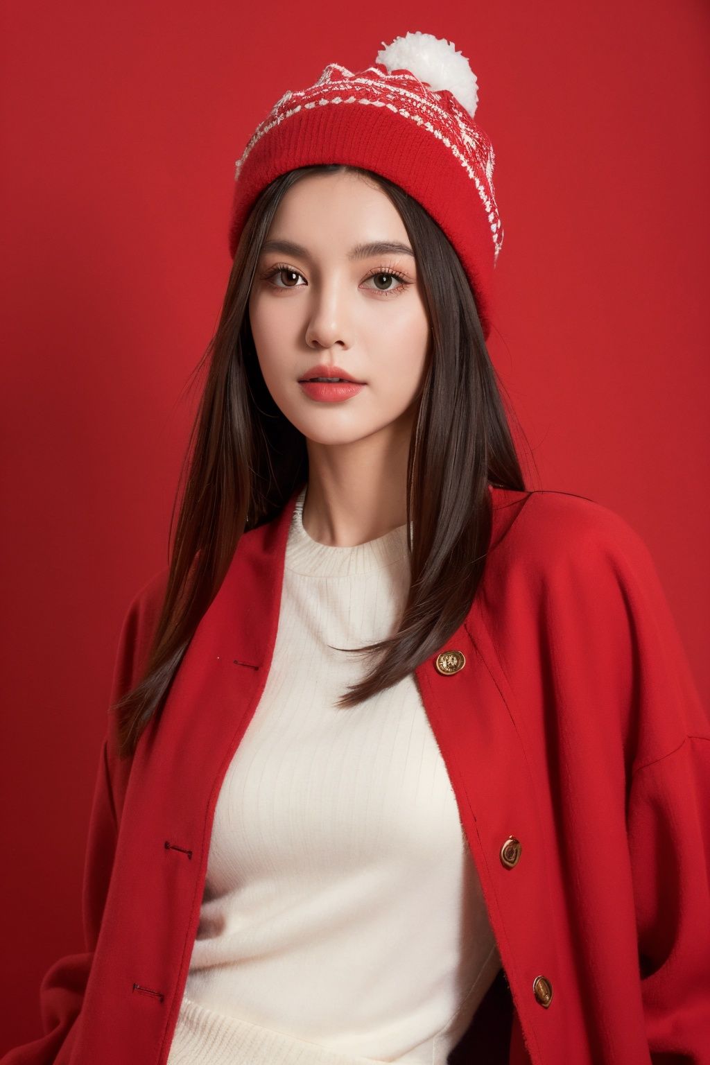 Best Quality, masterpiece, ultra-high resolution, (photo realistic: 1.4) , a beautiful girl, portrait, head wearing a plush hat, wearing thick clothes, red coat, winter, realistic, HD 16K