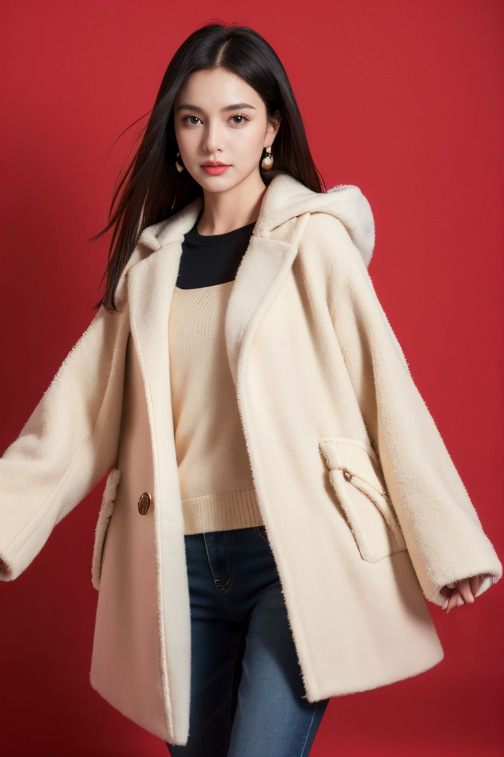 Best Quality, masterpiece, Ultra High Resolution, (photo fidelity: 1.4) , a beautiful girl, wearing thick clothes, red coat, winter, realistic, HD 16K