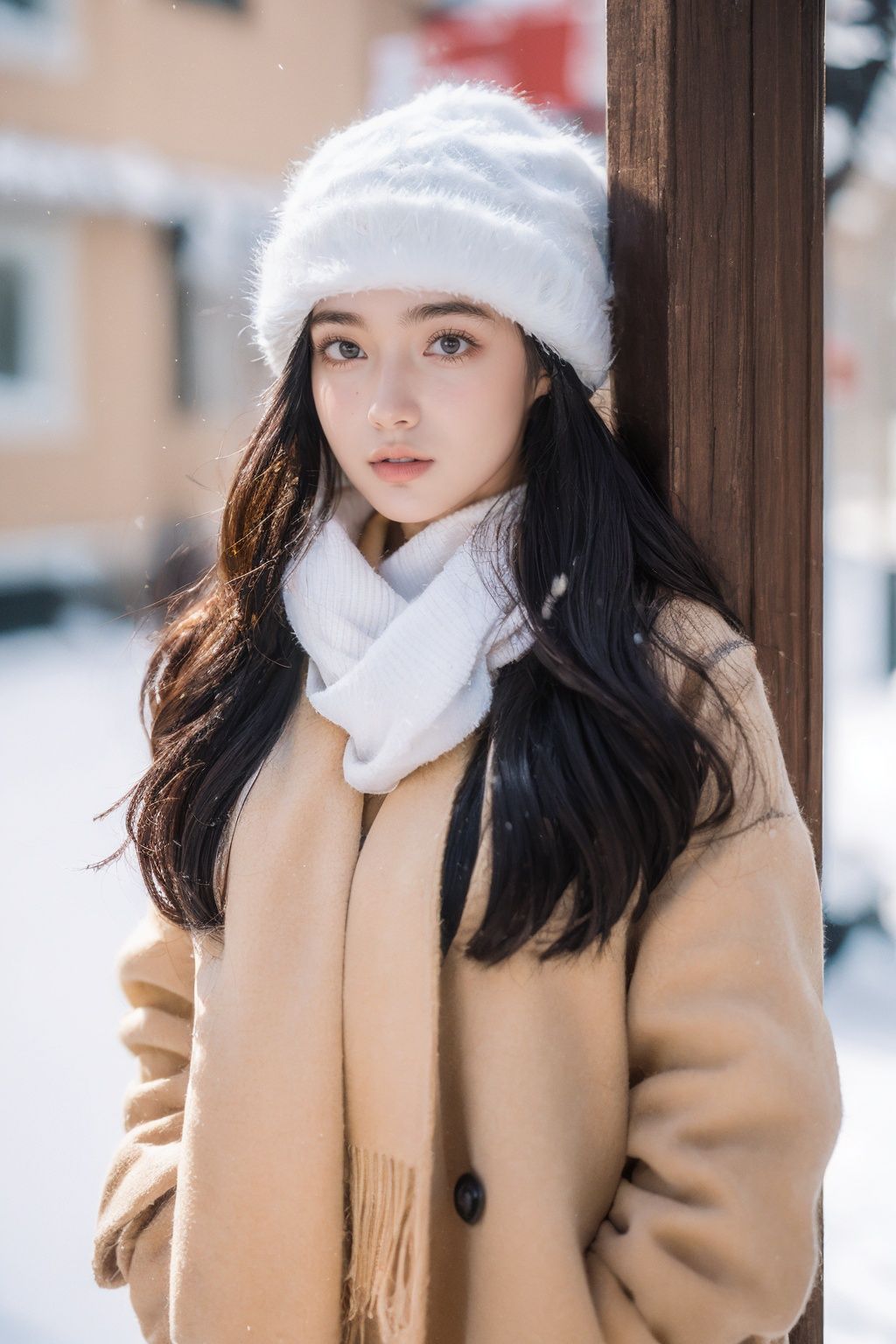  Best Quality, masterpiece, Ultra High Resolution, (photo: 1.4), outdoors, snowing, a girl wearing a plush hat, red clothes, red coat, coat, winter, realism, HD 16K,