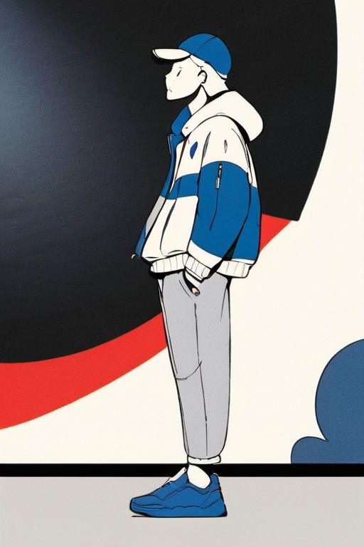 pingmian,bianping,backpack,pants,hat,bag,profile,black pants,baseball cap,jacket,hands in pockets,hood,1boy,long sleeves,standing,white headwear,short hair,from side,hood down,blue eyes,coat,white background,blue hair,print headwear,white jacket,blue jacket,feet out of frame,<lora:20231104-1699071455199-0010:0.8>,