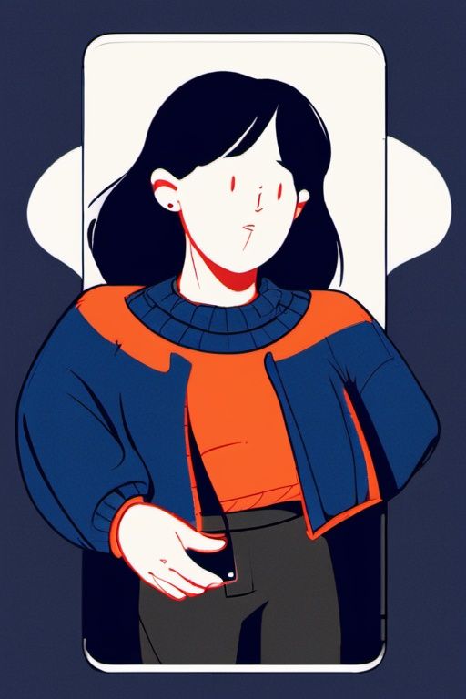 pingmian,1girl, black hair, phone, heart, sweater, long sleeves, black eyes, holding, cellphone, bangs, heart hair ornament, hair ornament, holding phone, smartphone, red nails, long hair, cowboy shot, blush, medium hair, black pants, white background, pants, orange sweater, blue sweater, turtleneck sweater, bubble, upper body,<lora:20231104-1699071455199-0010:0.9>,