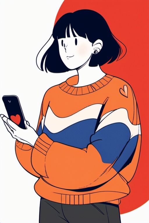 pingmian,1girl,black hair,phone,heart,sweater,long sleeves,black eyes,holding,cellphone,bangs,heart hair ornament,hair ornament,holding phone,smartphone,red nails,long hair,cowboy shot,blush,medium hair,black pants,white background,pants,orange sweater,blue sweater,turtleneck sweater,bubble,upper body,<lora:20231104-1699071455199-0010:0.7>,