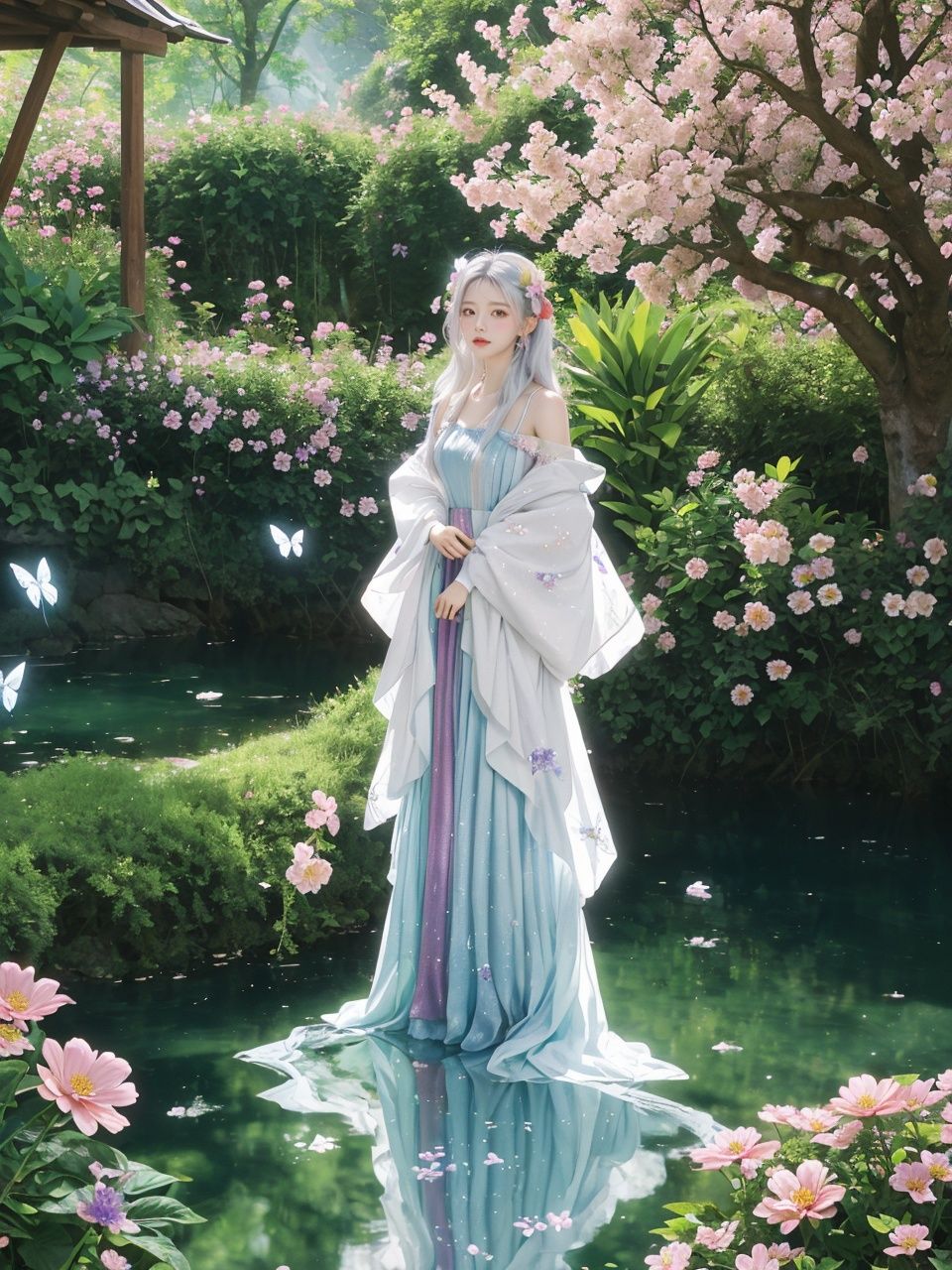 masterpiece,(ultra detailed:1.3),best quality,(sparkle:1.2),(Fantasy World:1.4),1girl,fox ear,long hair,white hair,hair flowers,bug,butterfly,flower,cloud,full body,The background is a beautiful village with streams,trees,and a small amount of colorful flowers and plants,