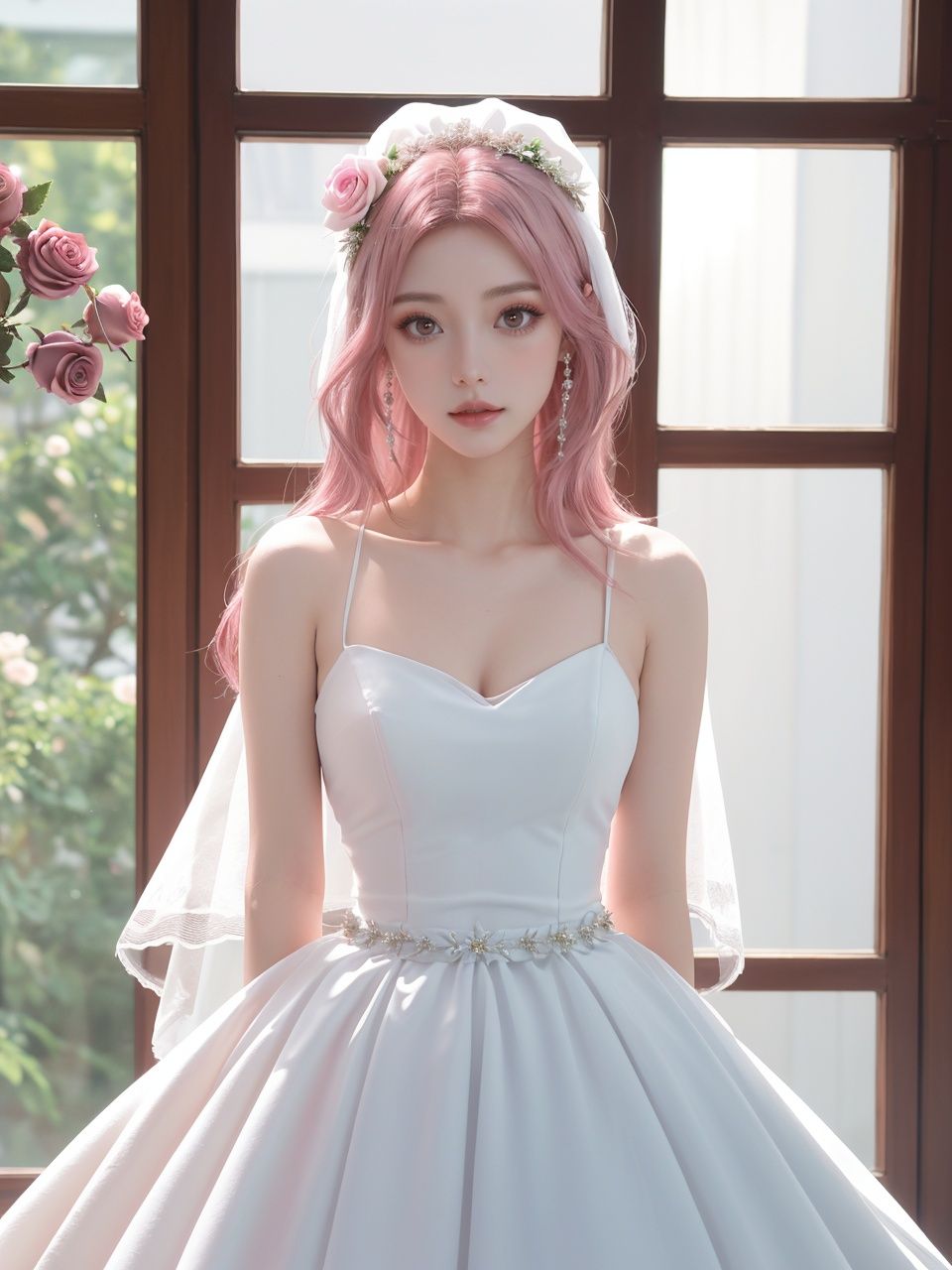 masterpiece,1 girl,22 years old,Look at me,Exquisite makeup,Pink hair.,Long hair,white wedding dress,Wipe the chest,Indoor,Exquisite decoration,Bright light,Stand,In the middle of the picture,Whole body,Plenty of roses,textured skin,super detail,best quality,Future City,FilmGirl,blue and white porcelain,