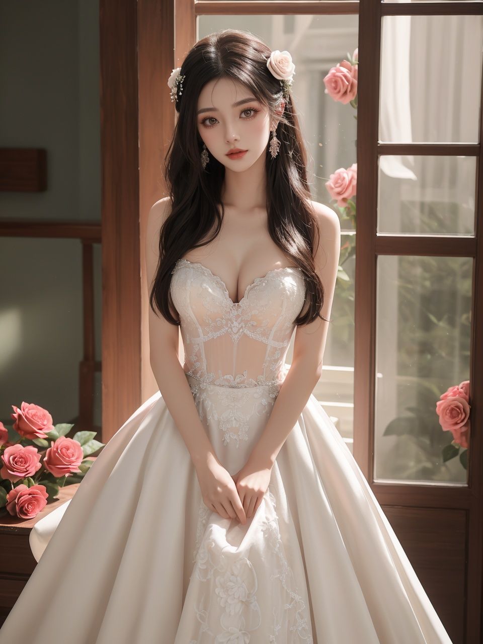 masterpiece,1 girl,22 years old,Look at me,Exquisite makeup,Black hair,Long hair,white wedding dress,Wipe the chest,Indoor,Exquisite decoration,Bright light,Stand,In the middle of the picture,Whole body,Plenty of roses,textured skin,super detail,best quality,