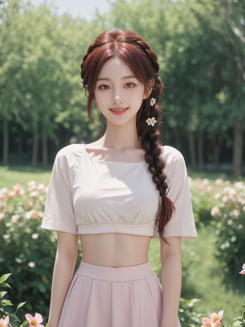 masterpiece,best quality,gorgeous pale american cute girl,smiling,(crop top),red hair loose braided hair,short polca skirt,lean against a tree,field,flowers smiling,perfectly symmetrical face,detailed skin,elegant,alluring,attractive,amazing photograph,masterpiece,best quality,8K,high quality,photorealistic,realism,art photography,Nikon D850,16k,sharp focus,masterpiece,breathtaking,atmospheric perspective,diffusion,pore correlation,skin imperfections,DSLR,80mm Sigma f2,depth of field,intricate natural lighting,looking at camara,