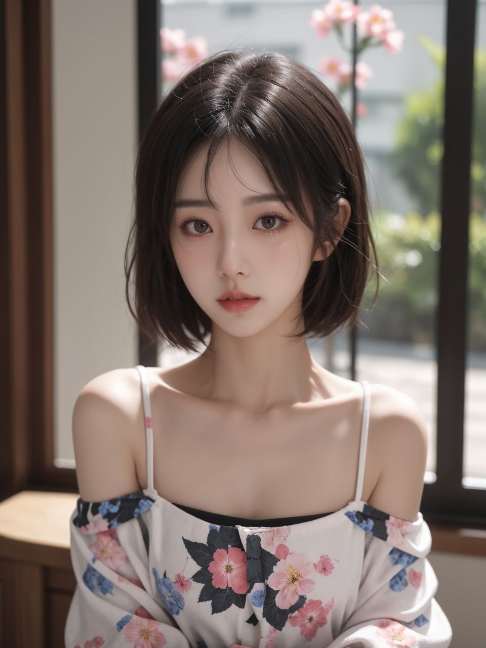 FilmGirl,1girl,solo,looking at viewer,black hair,short hair,upper body,black eyes,lips,realistic,floral print,bare shoulders,closed mouth,collarbone,forehead,blurry,indoors,blurry background,off shoulder,shirt,