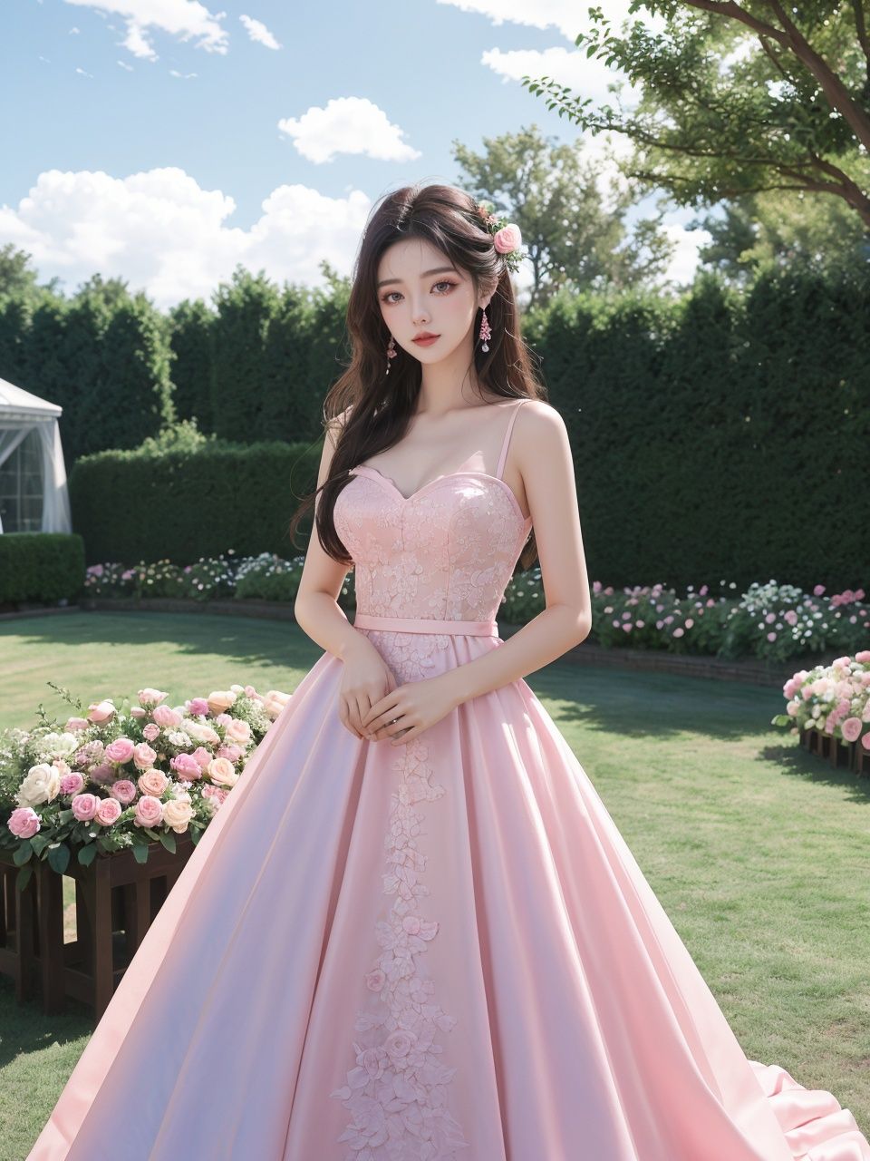 masterpiece,1 girl,22 years old,Look at me,Exquisite makeup,Black hair,Long hair,Pink wedding dress,Outdoor,Light blue sky,Clouds,Garden,Stand,In the middle of the picture,Whole body,Plenty of roses,textured skin,super detail,best quality,