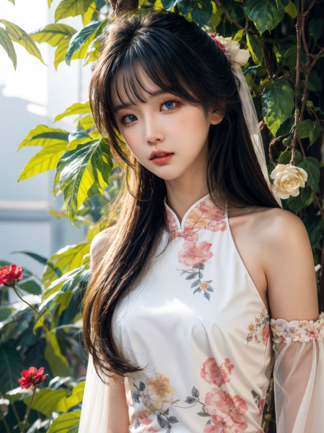  1girl, solo, flower, long hair, black hair, hair ornament, hair flower, blue eyes, floral print, chinese clothes, looking at viewer, detached sleeves, upper body, white flower, parted lips, dress, pink flower, china dress, bare shoulders, blush, red flower, eyelashes, white dress, lips, sleeveless, parted bangs, grey background, gongzhuqie, neon_dress,huansha, glowing,lens flare,big leaf,plant, wind