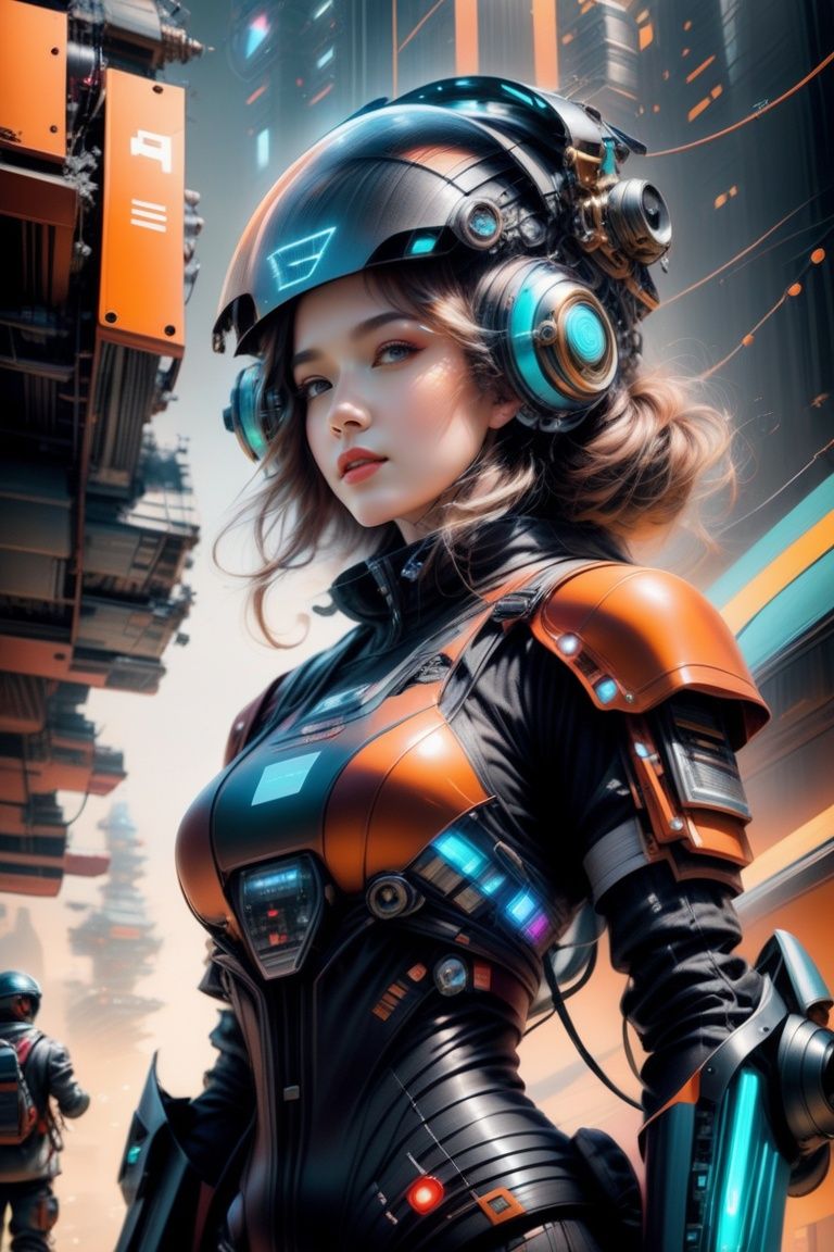  Aircraft, robots, future cities, 1 girl, half face, half machine face,technology helmet, holographic projection, mechanical body, full body parts, wires scattered,